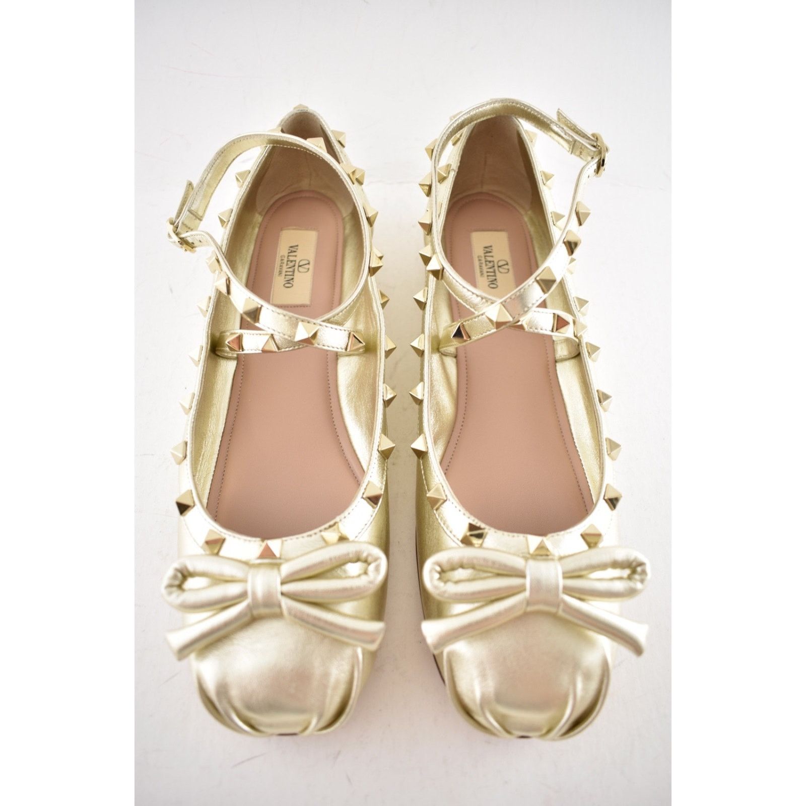 Valentino Valentino Rockstud Platino Gold Stud Ankle Strap Bow Ballet Size US 11 / IT 41 - 7 Thumbnail