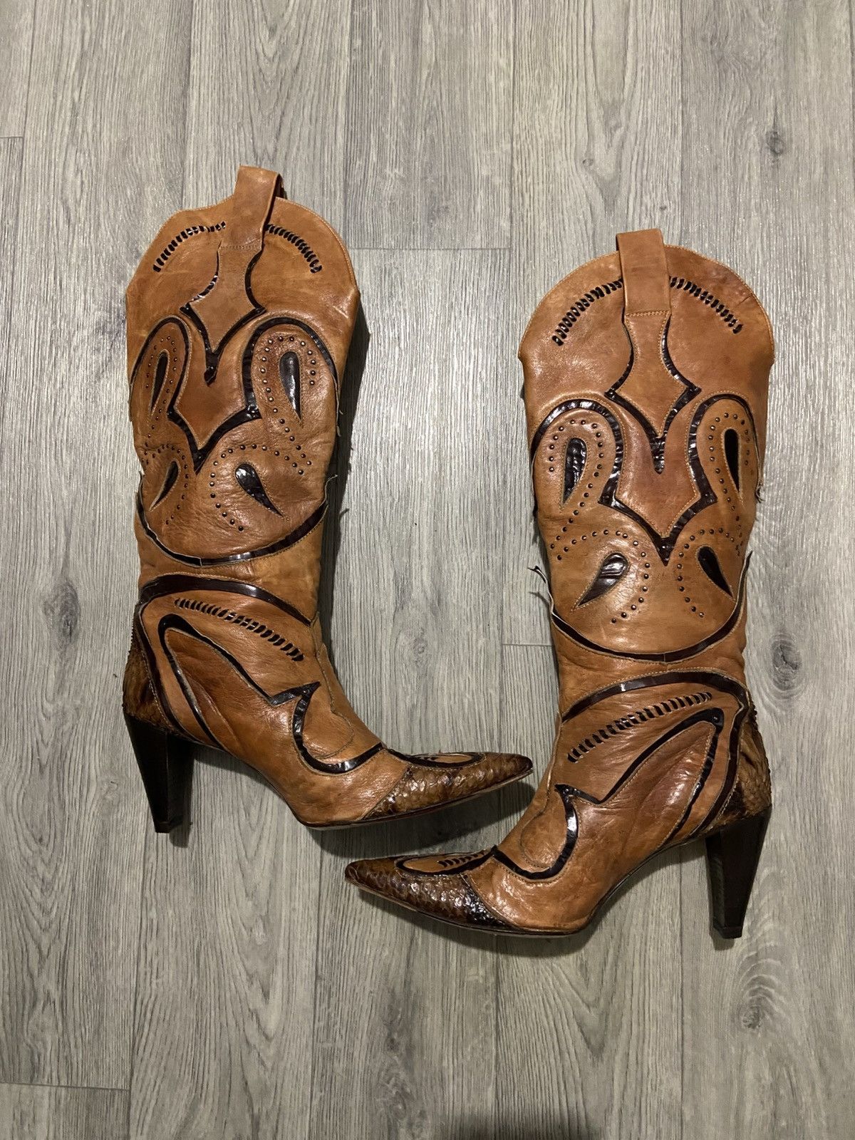 Jo Ghost Jo Ghost Stunning Leather & Snakeskin Knee High Cowboy Boots Size US 10 / IT 40 - 3 Thumbnail