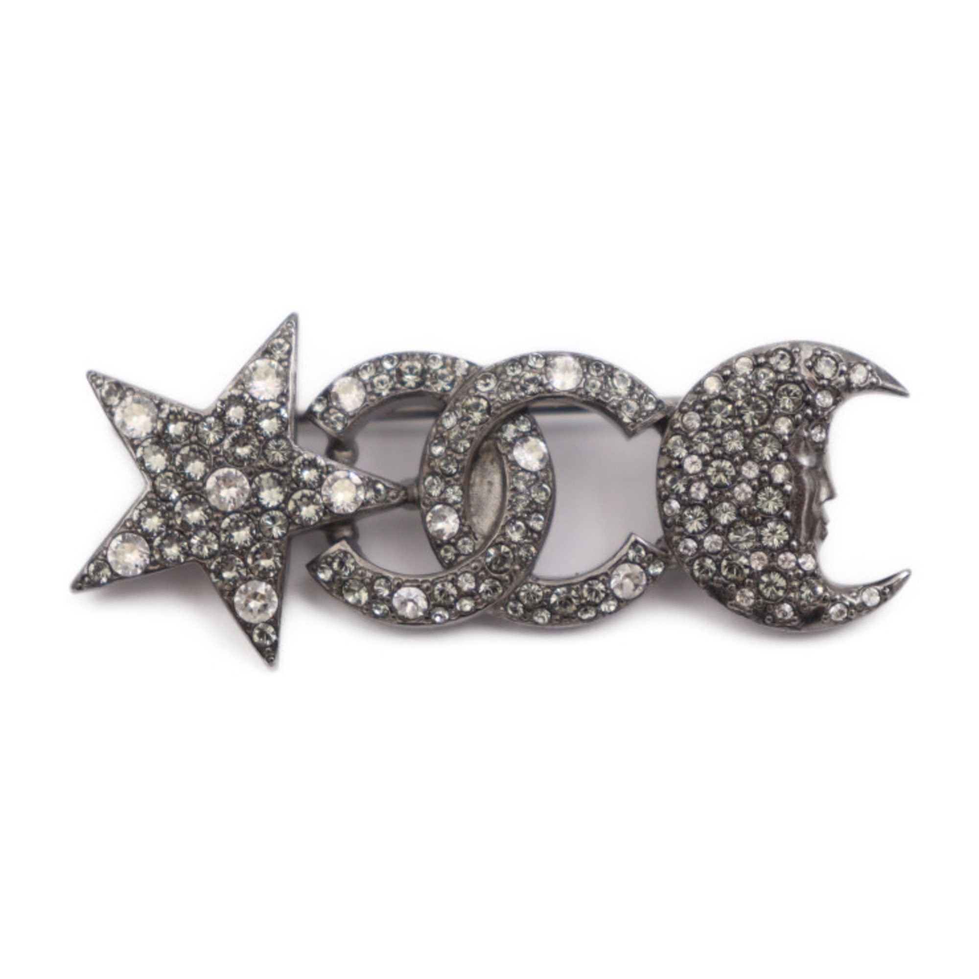 image of Chanel Pin Brooch Metal Rhinestone Silver Moon Star Coco Mark 17B, Women's