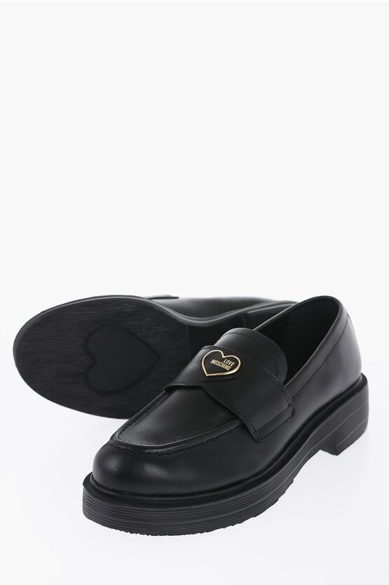 image of Moschino Love Leather Loafers With Heart-Shaped Detail in Black, Women's (Size 9)