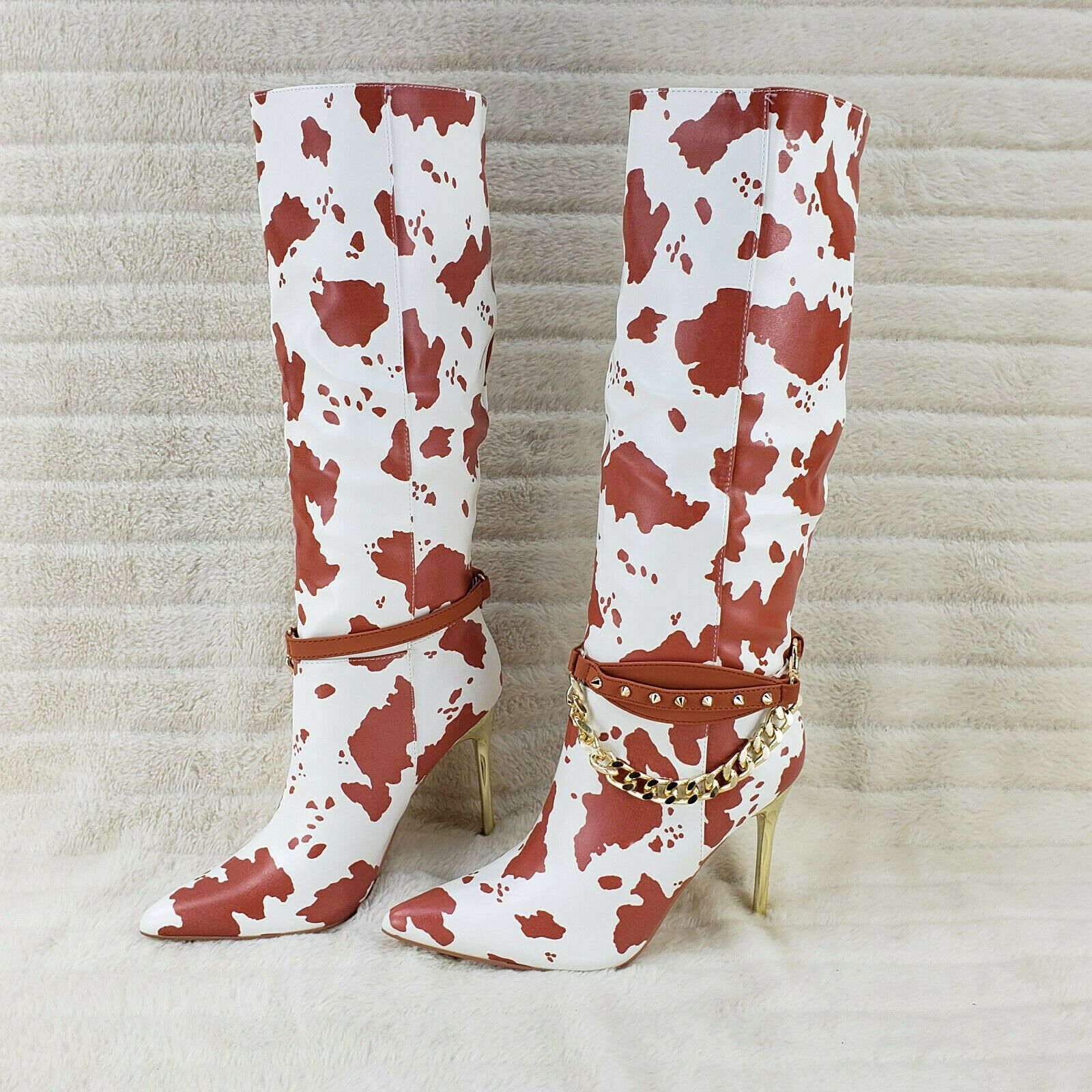 Other Eva Tan & White Cow Print Leatherette Gold Tone High Heel & Size US 8 / IT 38 - 2 Thumbnail