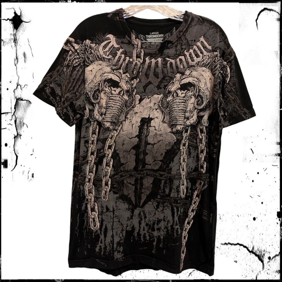 Affliction THROWDOWN Warriors Face Off T-shirt Skulls Y2K Cyber Grunge Size US L / EU 52-54 / 3 - 2 Thumbnail
