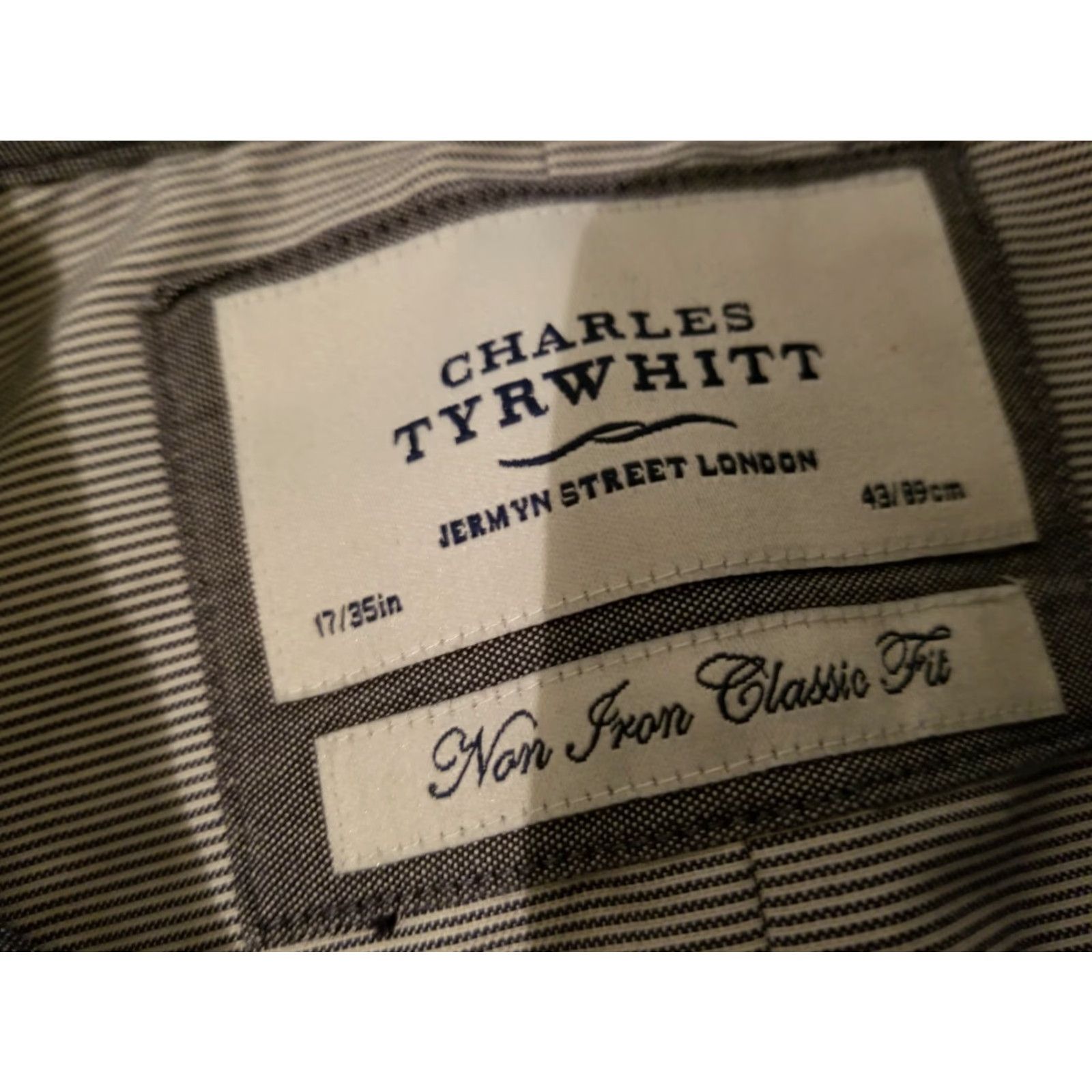 Charles Tyrwhitt Mens Charles Tyrwhitt Dress Shirt 17 35 Gray Stripes Button Cotton Shirt Mens Regular Color Gray Size 46R - 4 Thumbnail