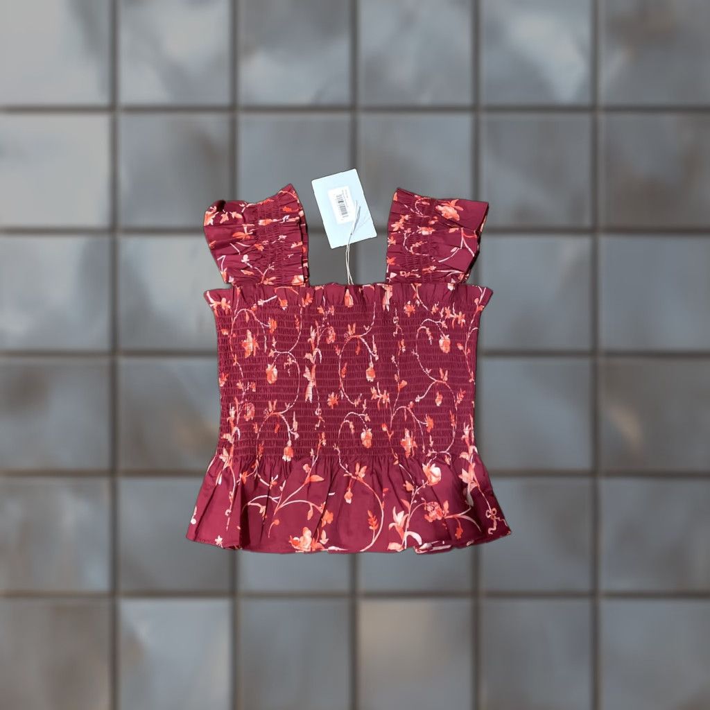 Vintage Hill House Top The Paz Burgundy Botanical Floral Smocked Cap Sleeveless Cotton S Size S / US 4 / IT 40 - 1 Thumbnail