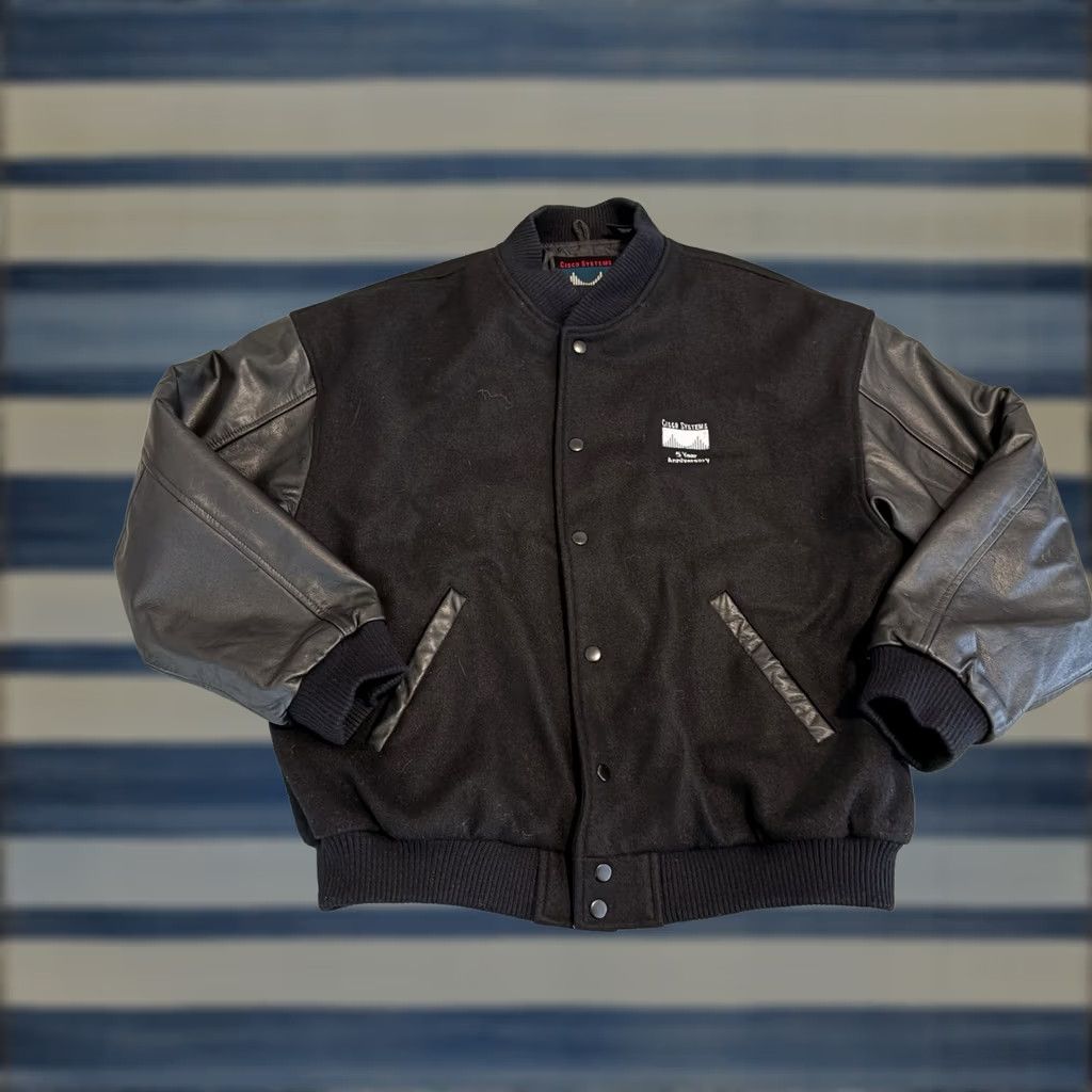 Vintage Cisco Systems 5 Year Anniversary Black Wool Leather Varsity Bomber Jacket L Men Size US L / EU 52-54 / 3 - 1 Thumbnail