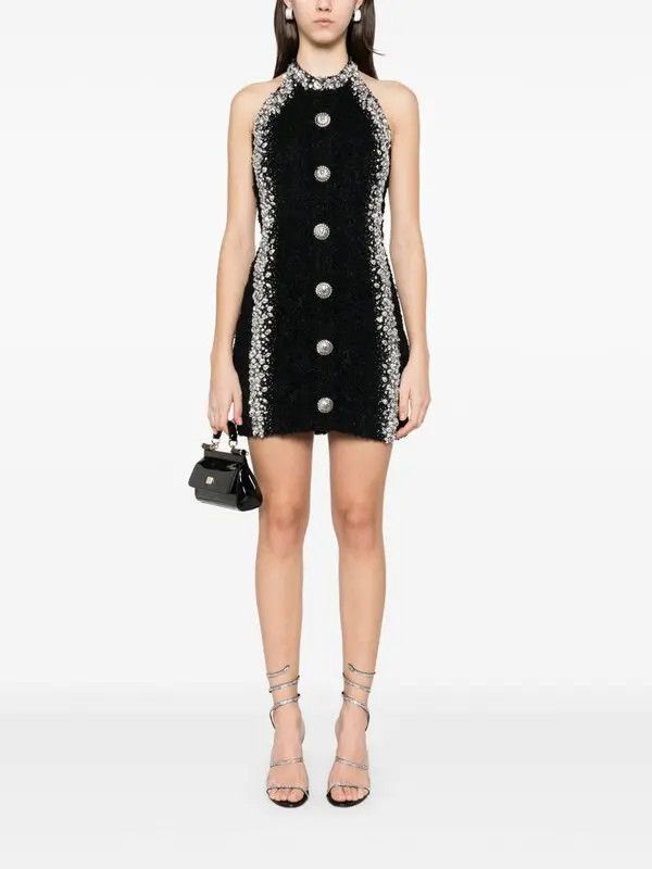 Balmain o1s1wg111225 Crystal Embellished Mini Dress in Black Size M / US 6-8 / IT 42-44 - 2 Thumbnail