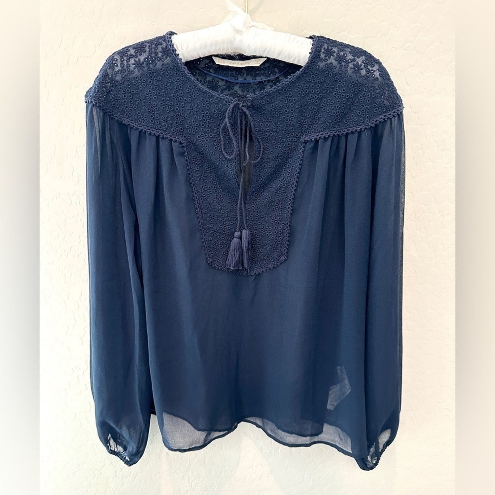 Zara ZARA | Basic Navy Blue Sheer Eyelet Lace Long Sleeve Blouse Size S / US 4 / IT 40 - 1 Thumbnail