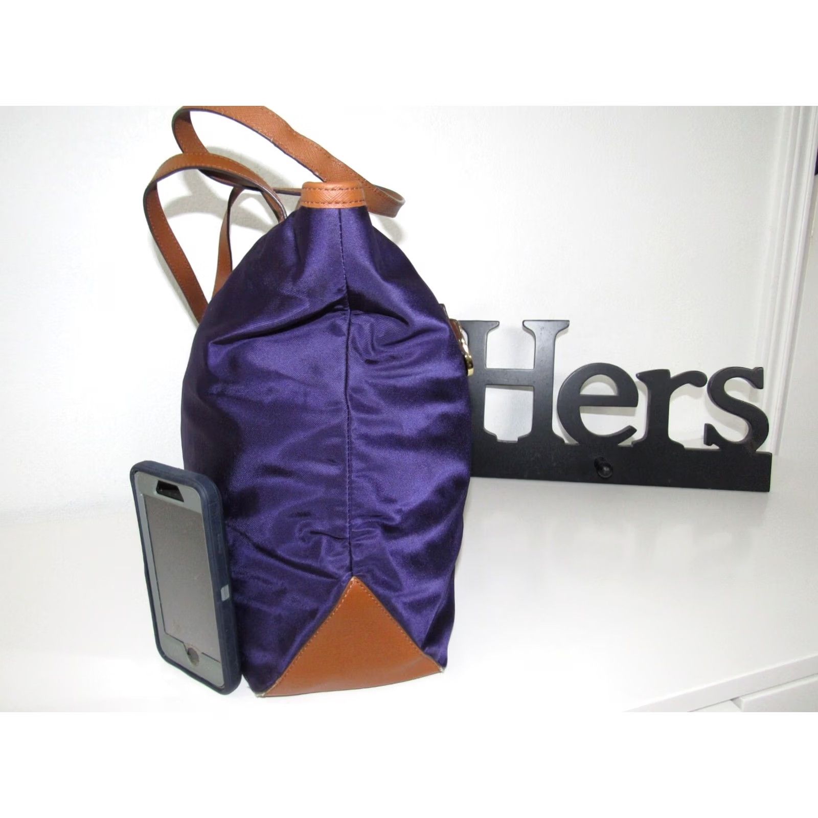 Michael Kors Michael Kors Purple Nylon Shoulder Bag with Brown Trims & Handle Women Size ONE SIZE - 2 Thumbnail