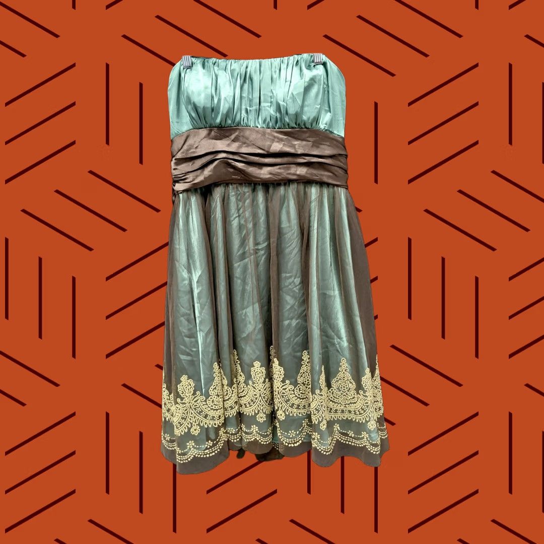 Vintage Blondie Nites by Stacy Sklar Strapless Women Dress Knee Length Green Embroidered Lined Satin/Tulle Mix Formal Party/Cocktail XS? Size L / US 10 / IT 46 - 1 Thumbnail