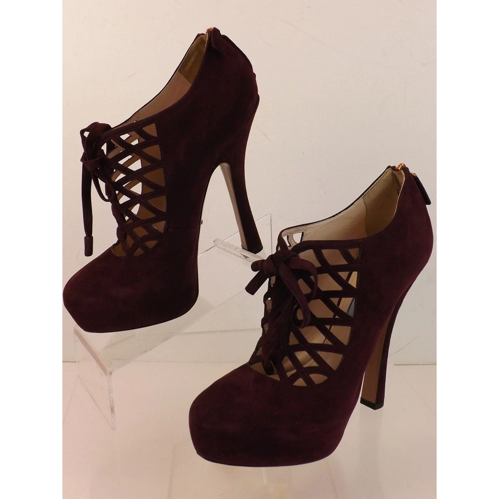 Prada NIB PRADA 1IP156 BURGUNDY SUEDE CAGE ZIP PLATFORM PUMPS 40.5 Size US 10.5 / IT 40.5 - 5 Thumbnail
