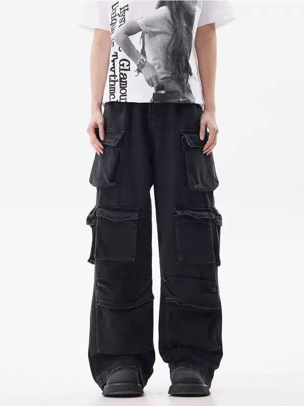 Japanese Brand VIBE Multi-Pocket Design Street Black Wide Leg Jeans Size US 34 / EU 50 - 6 Thumbnail
