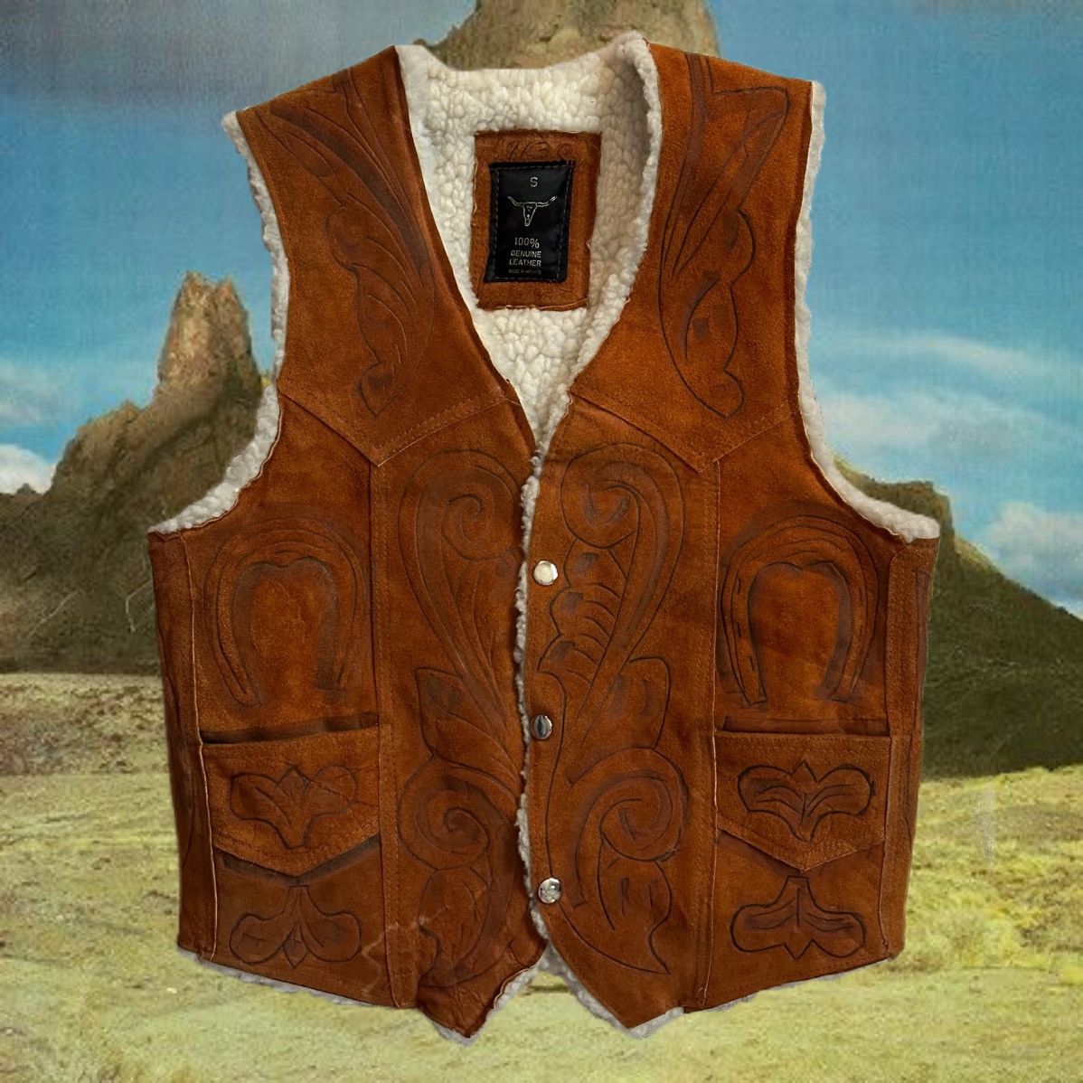 Vintage Tan Western Engraved Suede Vest with Wool Trim