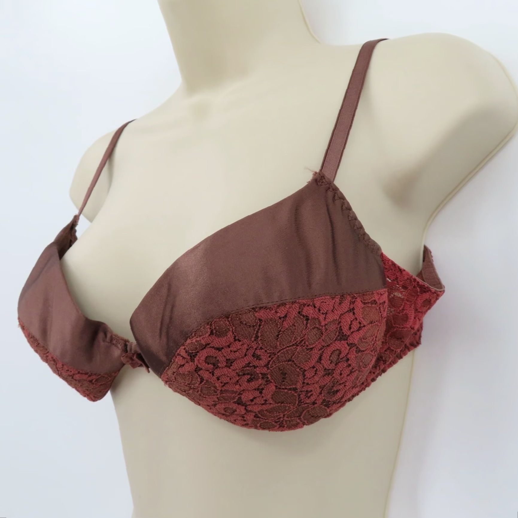 Vintage VTG Maidenform Bra 36B Rendezvous Underwire Padded Lace Brown Satin Bow Size ONE SIZE - 4 Thumbnail
