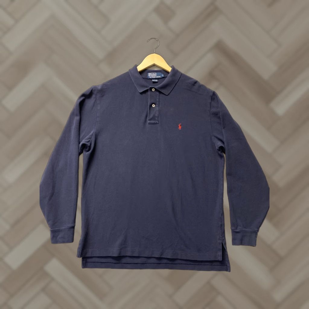 Ralph Lauren VINTAGE Ralph Lauren Men Polo Shirt Short Sleeve Crew Neck Cotton Large Dark Blue Signature Pony Logo 90s Mens Size US L / EU 52-54 / 3 - 1 Thumbnail