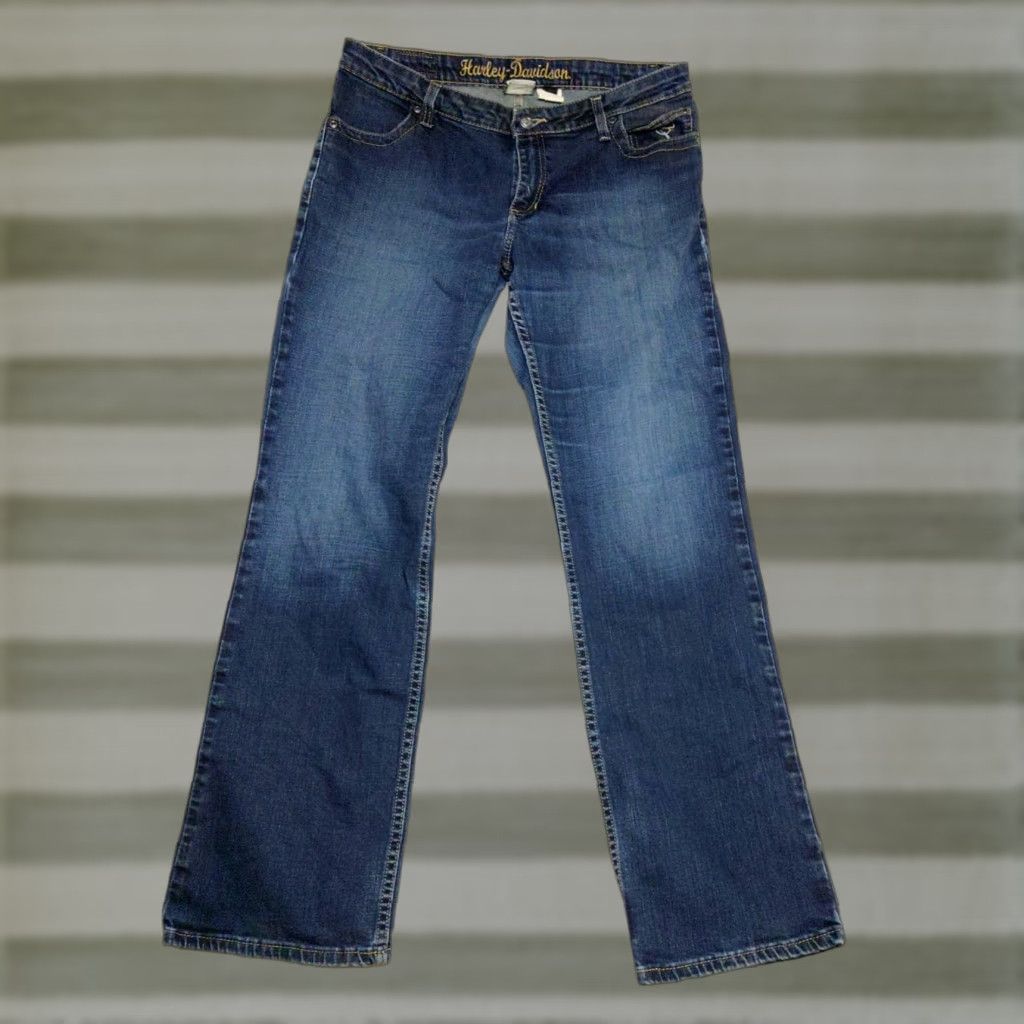 Harley Davidson Harley-Davidson Jeans Boots Cut Embellished Mid-Rise 12 Women Dark Blue 34x32 Denim 5-Pocket USA Vintage Theme Mens Womens boys Girls Size 34" / US 12 / IT 48 - 1 Thumbnail