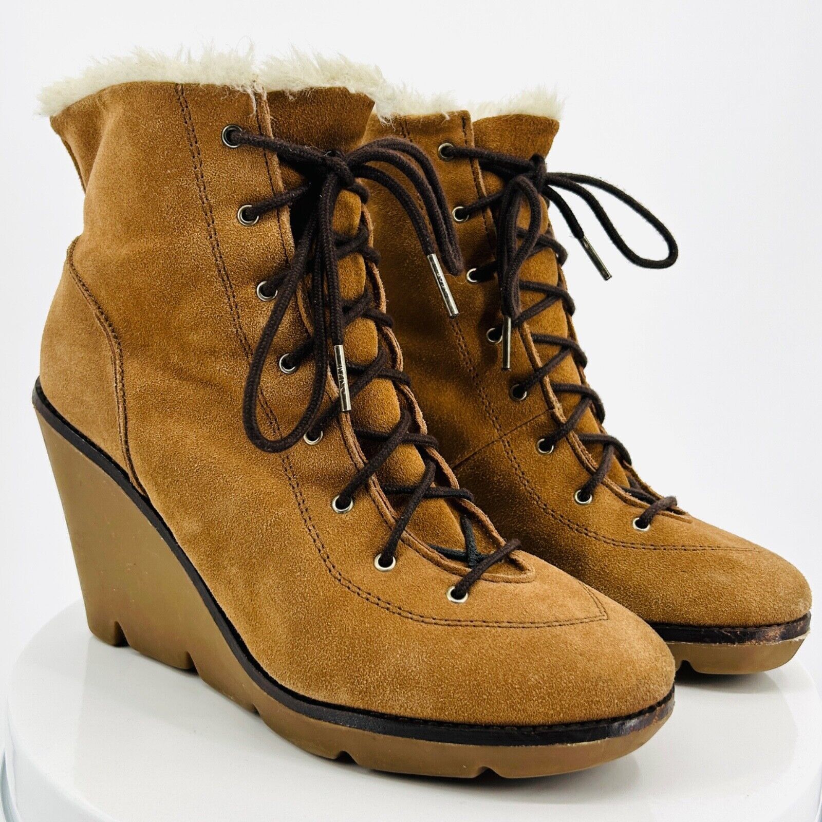Vintage Y2K Tan Suede Faux Fur Lace-Up Wedge Ankle Boots