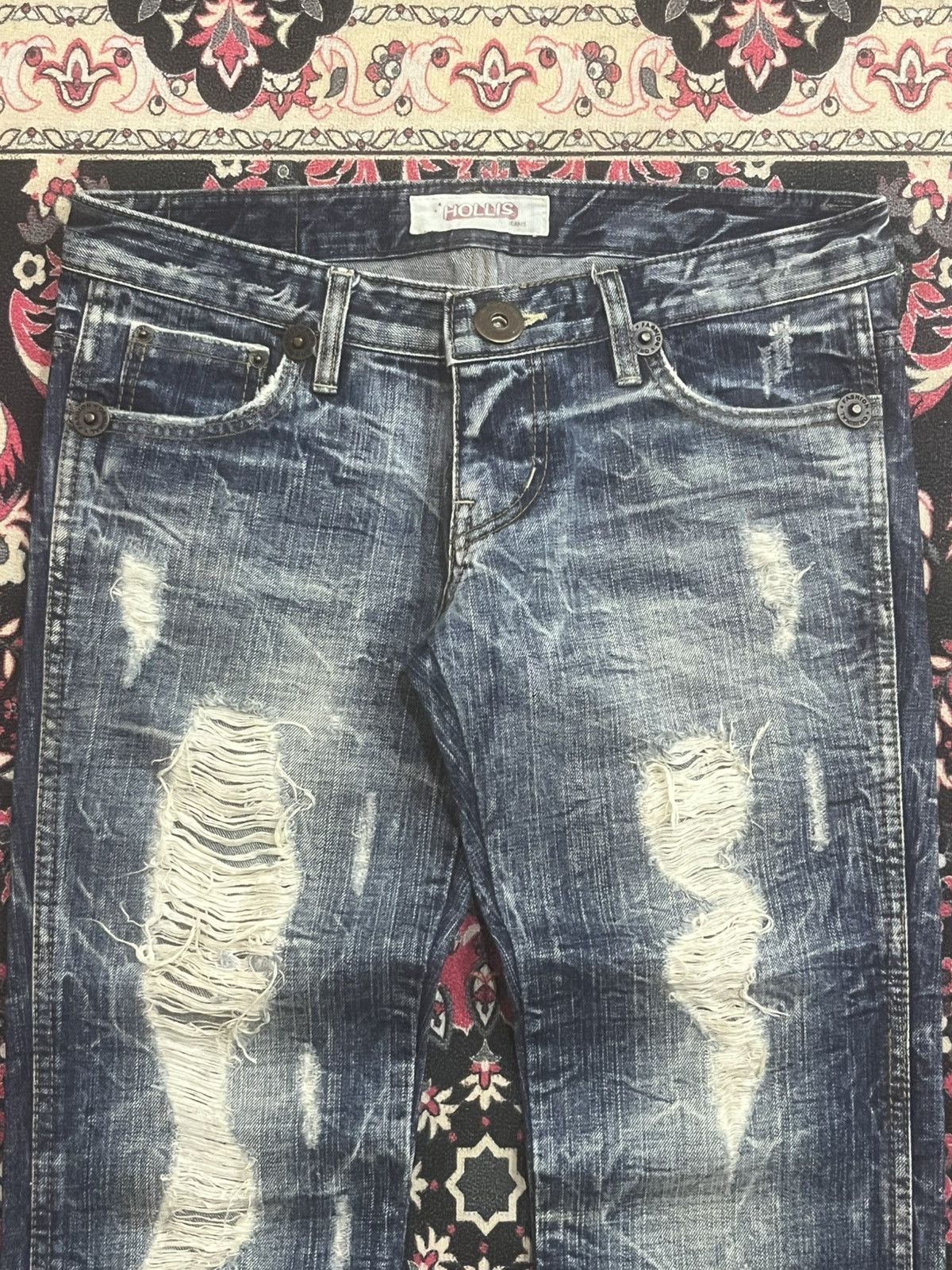 If Six Was Nine Japanese Brand Hollis Blue Cracked Washed Ripped Flare Jeans Size 28" / US 6 / IT 42 - 4 Thumbnail