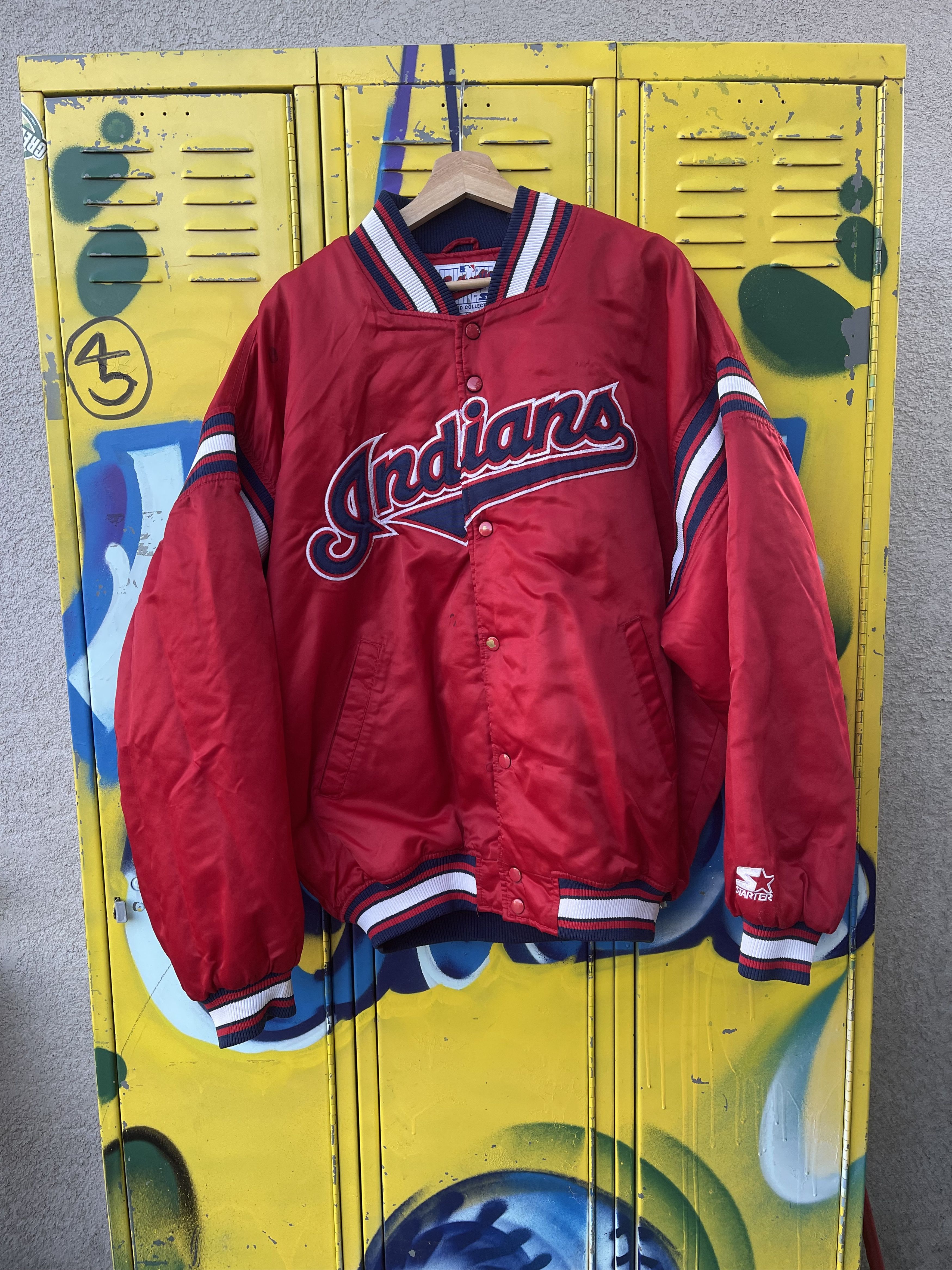 Image of Mlb x Starter Vintage Starter Cleveland Indians Bomber Jacket in Red, Men's (Size XL)