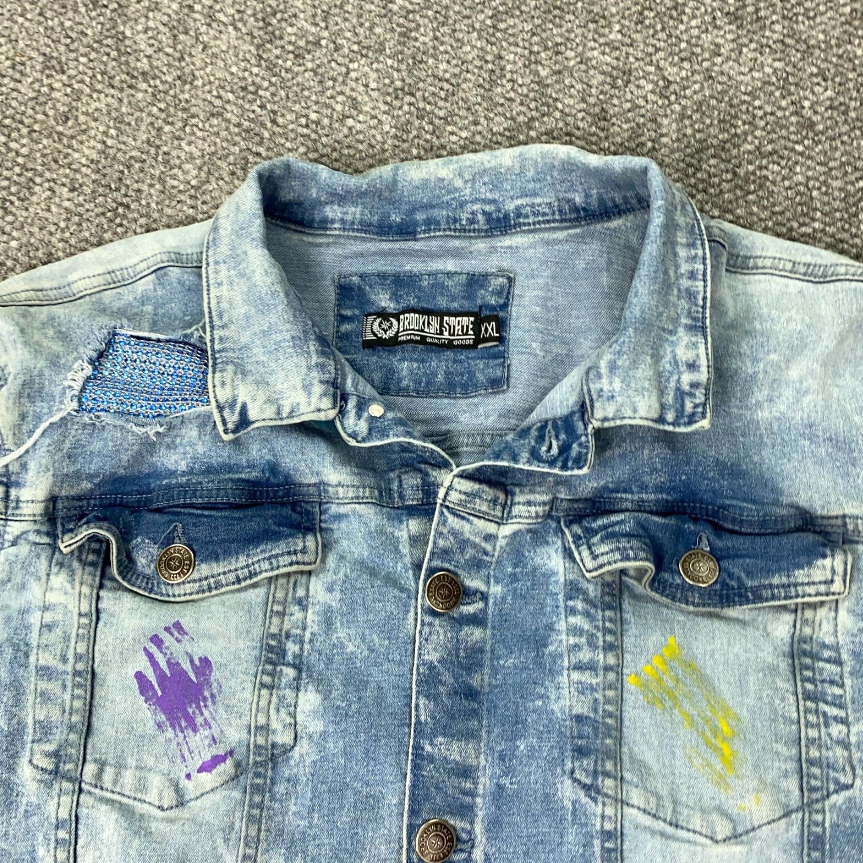Vintage Brooklyn State Denim Trucker Jacket Mens 2XL Blue Denim Solid Distressed Paint Splatter Casual Wearers Mens Size US XXL / EU 58 / 5 - 2 Thumbnail