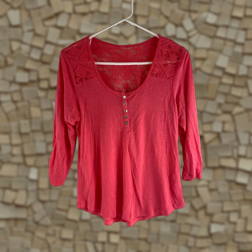 Vintage Neon Soul Shirt Women's Large Pink Lace 3/4 Sleeve Henley Scoop T-Shirt Size L / US 10 / IT 46 - 1 Thumbnail