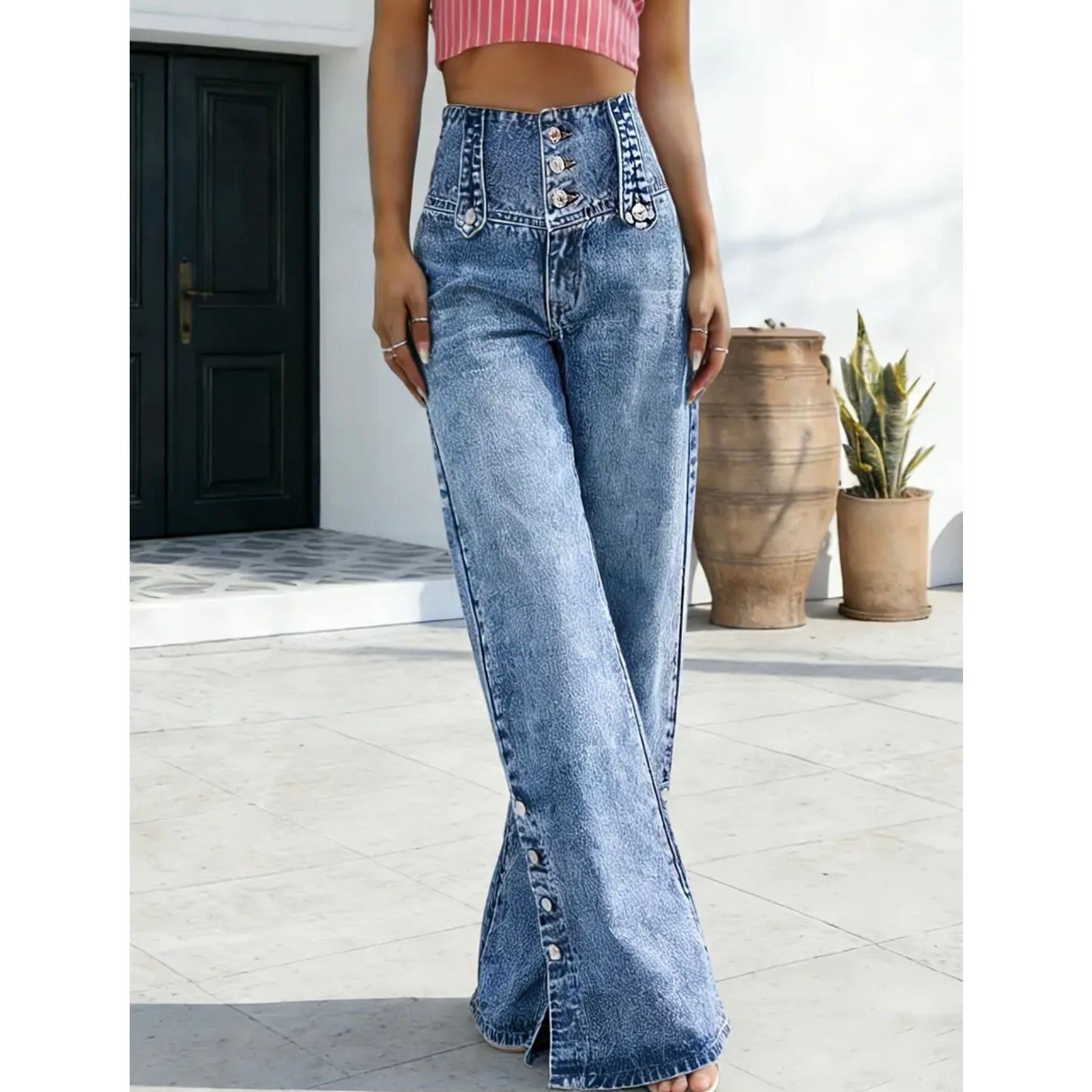 Other Casual High Waist Wide Leg Jeans Button Down Calf Blue 14 Size 36" / US 14 / IT 50 - 5 Thumbnail