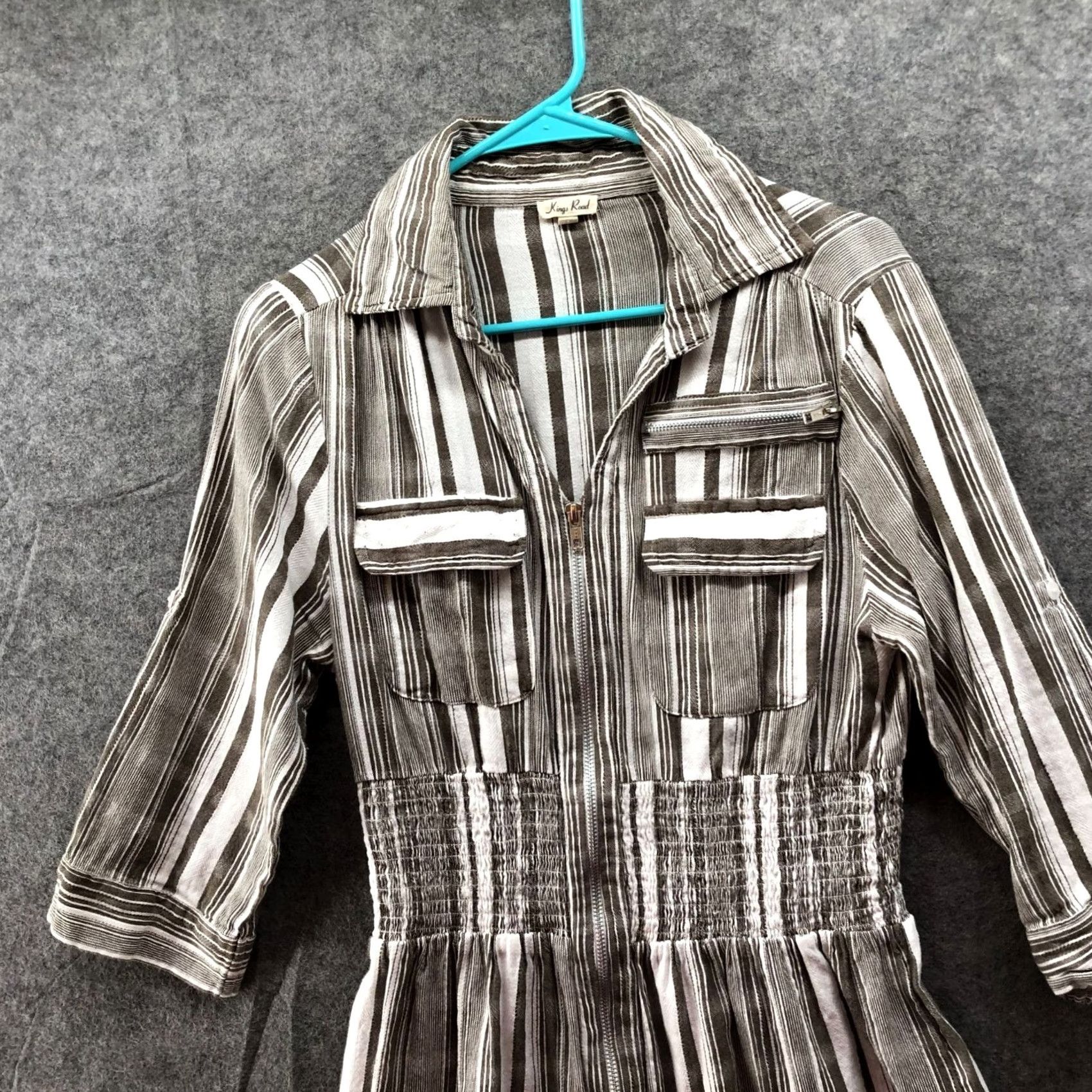 Vintage Kings Road Cotton Shirt Dress Womens L 3/4 Sleeve Brown White Striped Zip Shirt Dress Women L Brown White Striped Zip Size L / US 10 / IT 46 - 3 Thumbnail