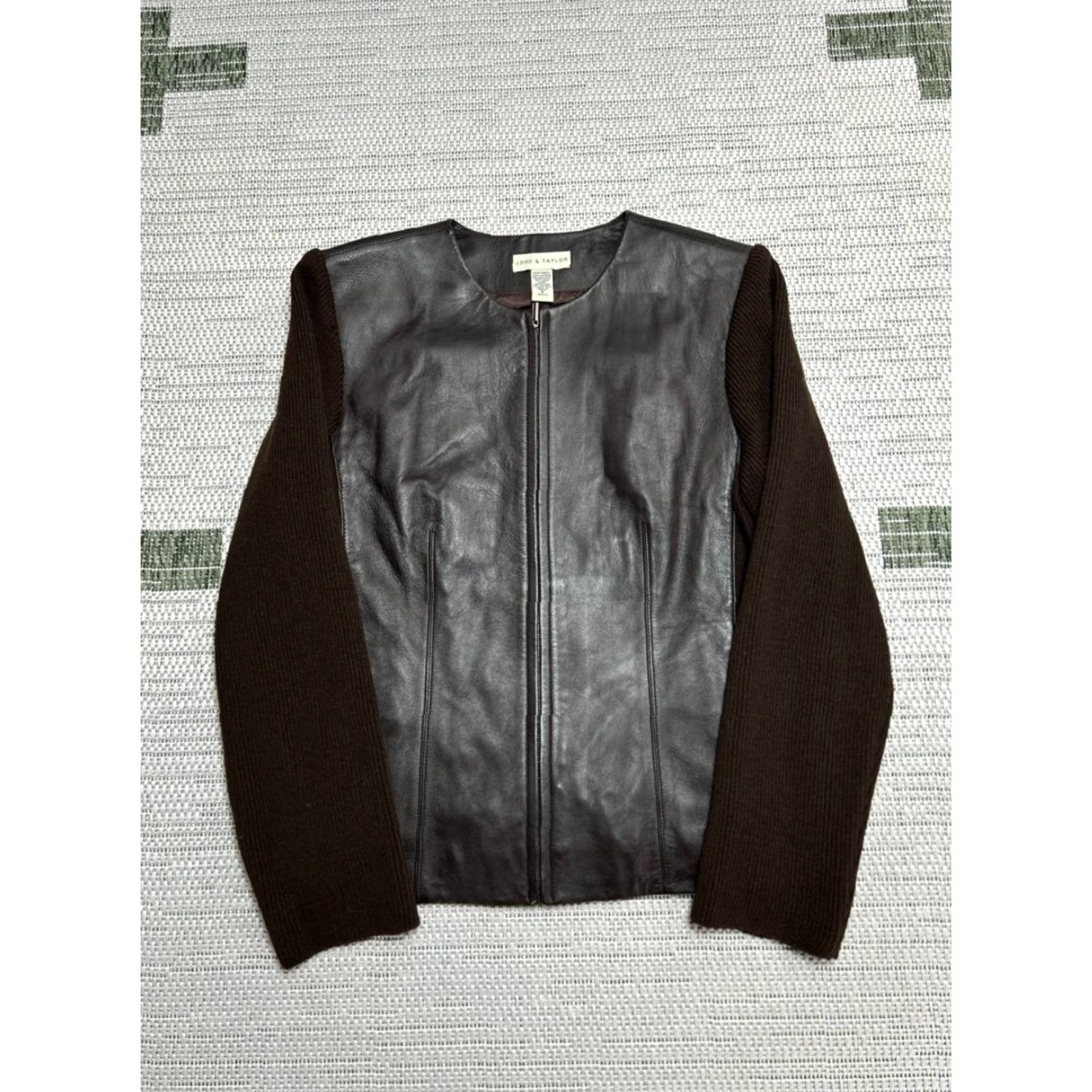 LORD & TAYLOR Leather Jacket Womens 6 Brown Wool Paneling Full Zip Round Neck Jacket