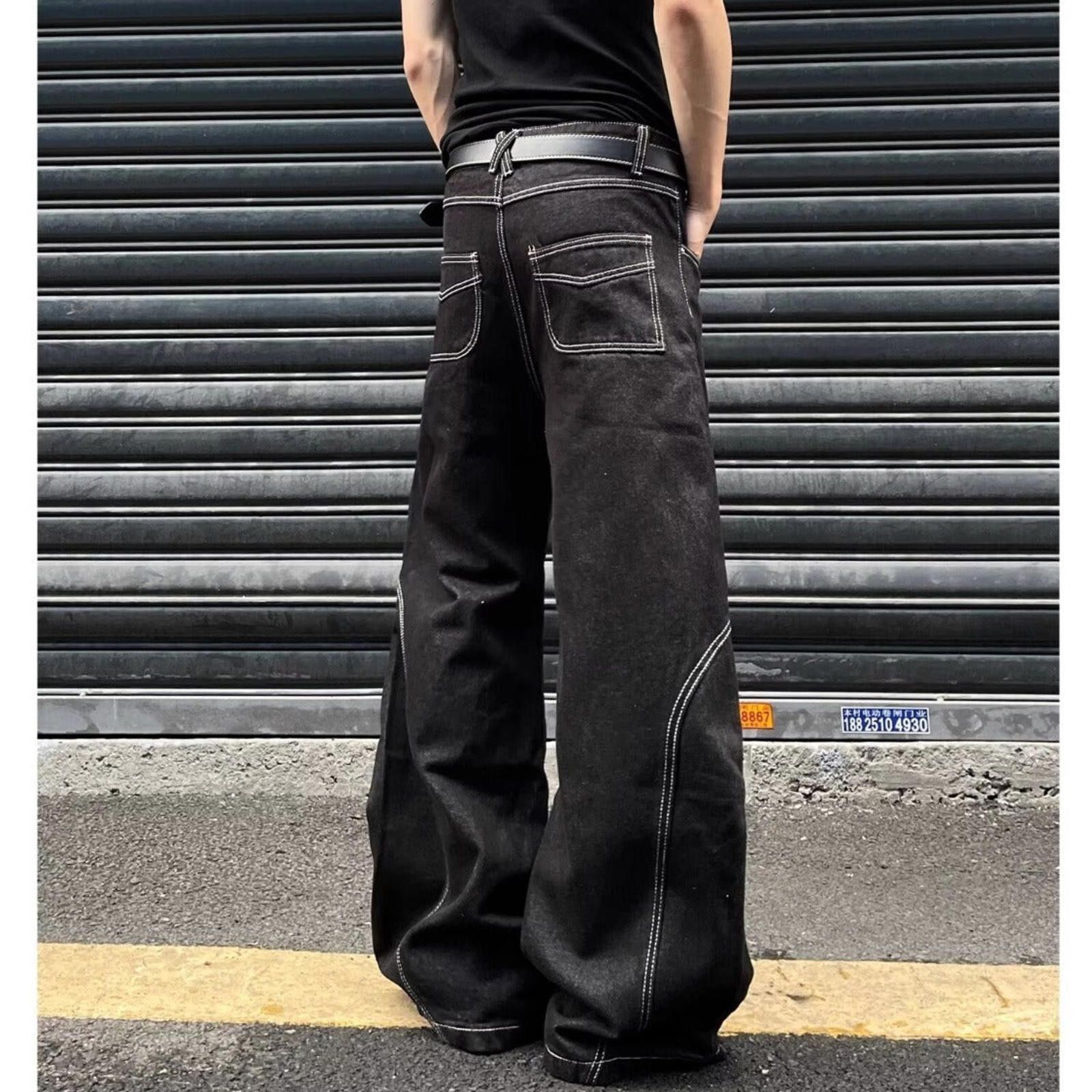 Japanese Brand Black Wide Leg Denim Jeans with Stitch Detail and Patch Size US 30 / EU 46 - 4 Thumbnail