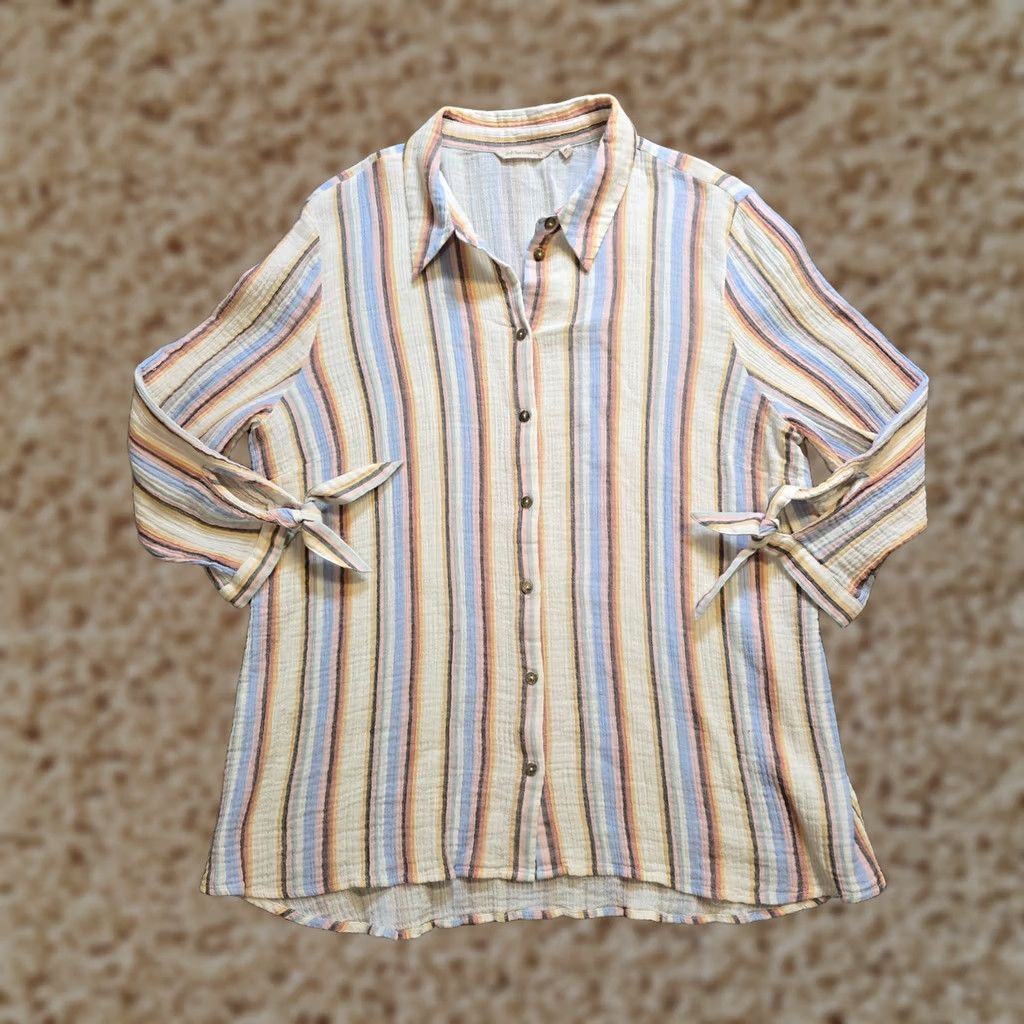 Soft Surroundings Soft Surroundings Top Blouse Women 3X Pink Blue Striped 3/4 Sleeve Button Collared Casual Shirt Redefined Size XXL / US 16-18 / IT 52-54 - 1 Thumbnail