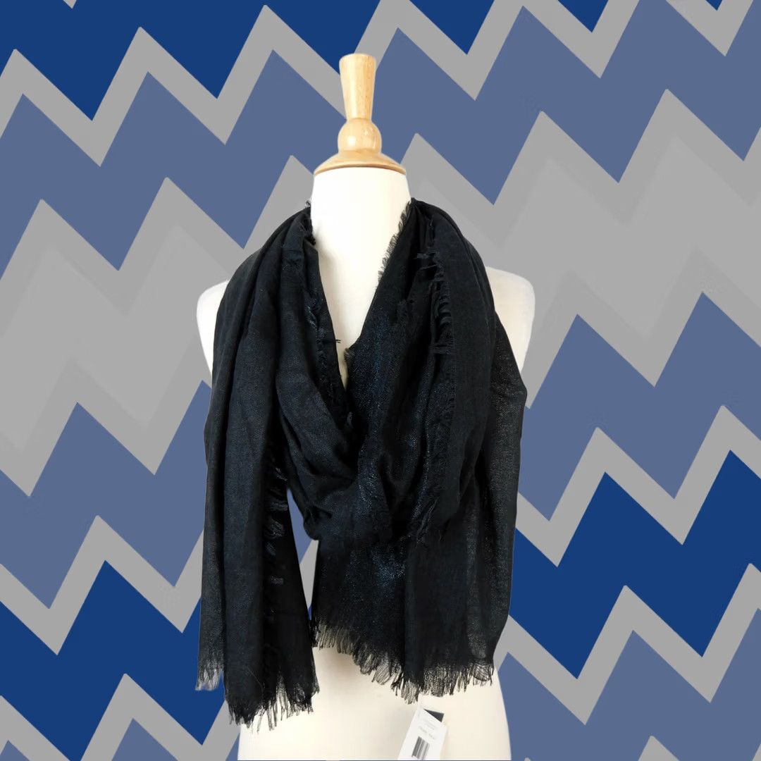 Vintage Echo Scarf - Black - Oblong Fringe Metallic Subtle Shine, 80" x 28" - Polyester, Women, Solid, Rectangle, Style 802183 Size ONE SIZE - 1 Thumbnail