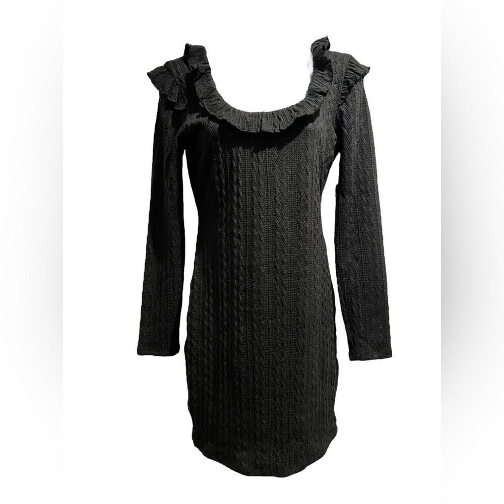 Designer NWT 19 Cooper Ruffle Long Sleeve Knit Dress Black Size S / US 4 / IT 40 - 1 Thumbnail