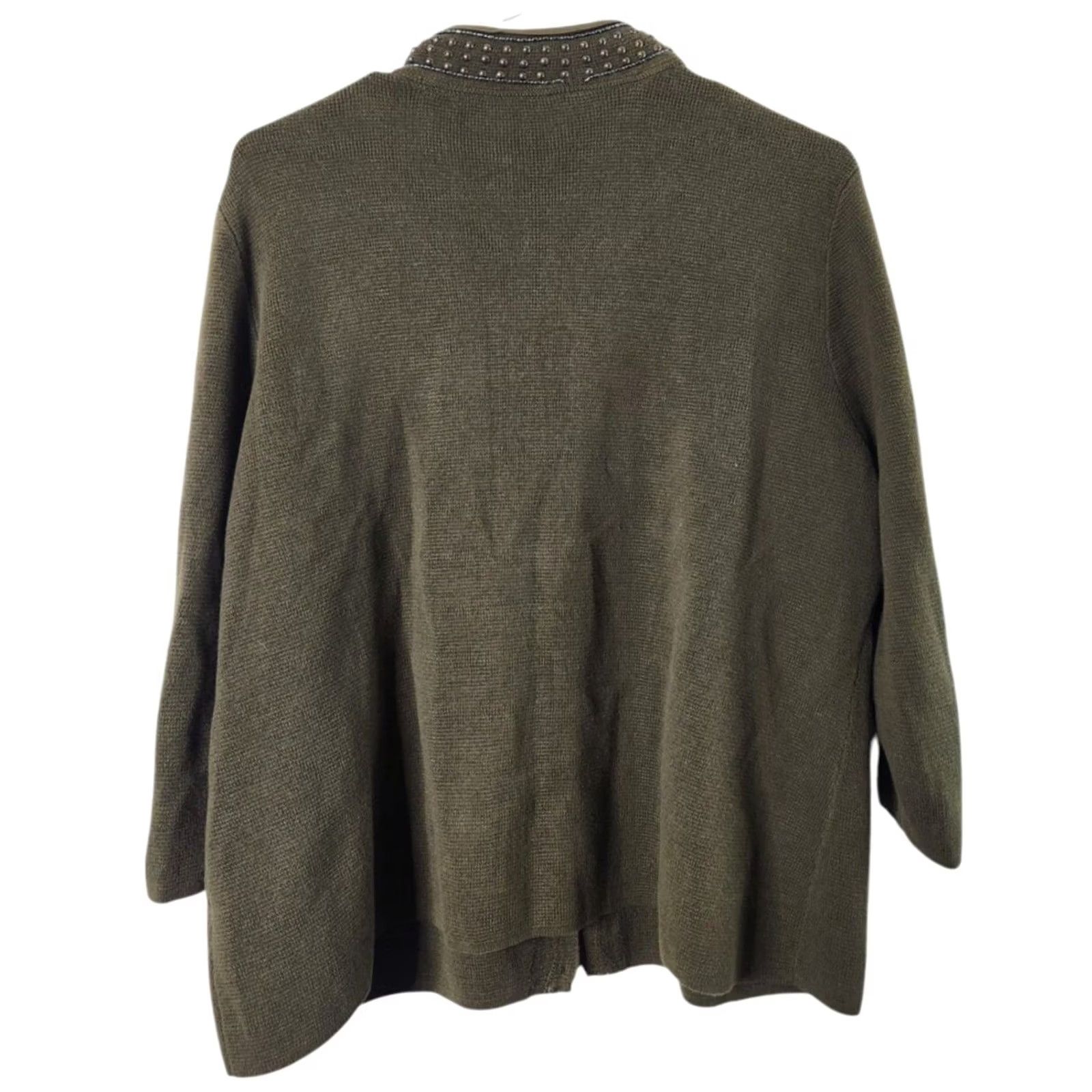 Vintage Chicos Women's Sweater Cardigan 3/4 Sleeve Petite Olive Green Embroidered Beaded Size XS / US 0-2 / IT 36-38 - 2 Thumbnail