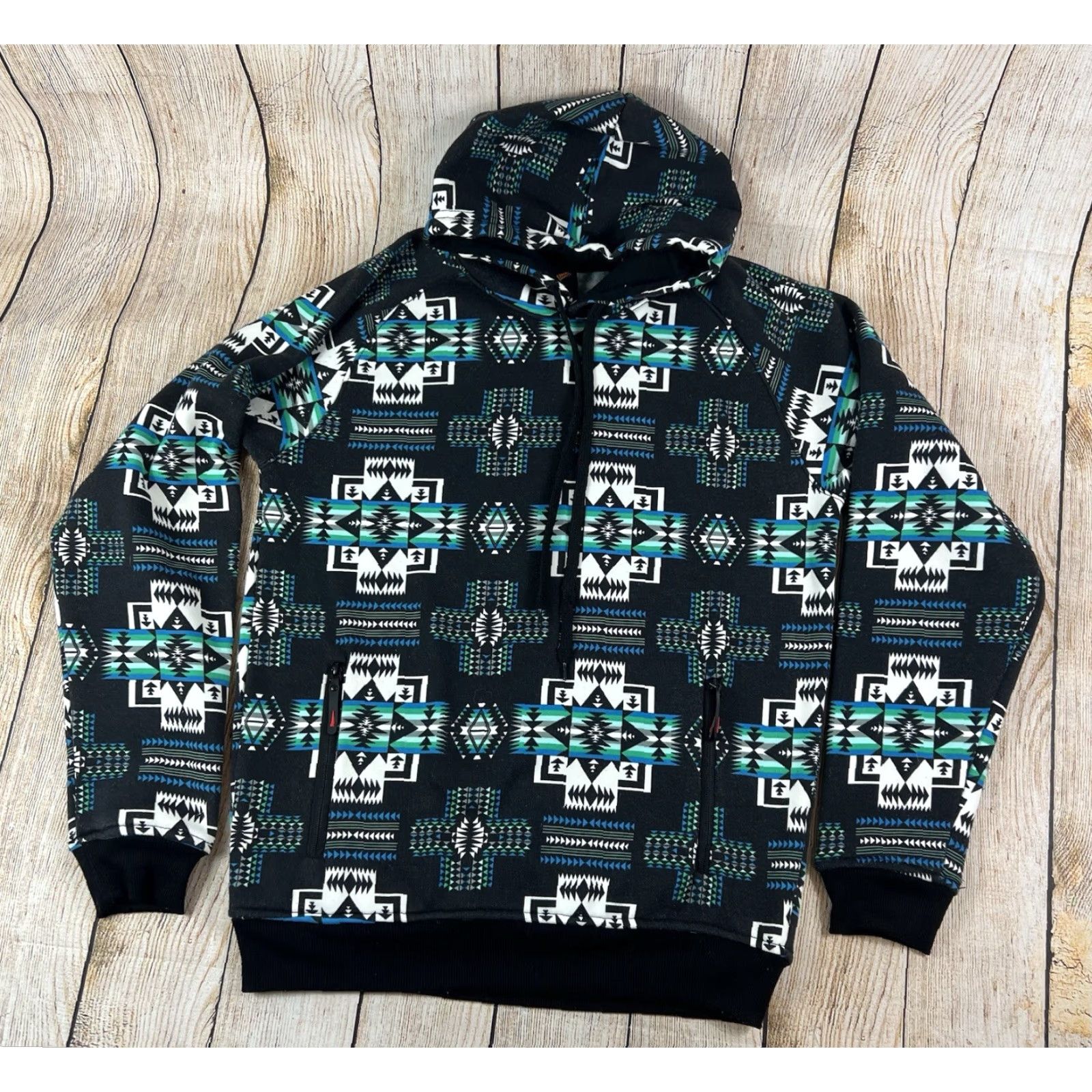 Native VINTAGE Native Aztec Fleece Hoodie Sweatshirt Men M Black Green Hooded Graphic Print Pockets Pullover Size US M / EU 48-50 / 2 - 2 Thumbnail