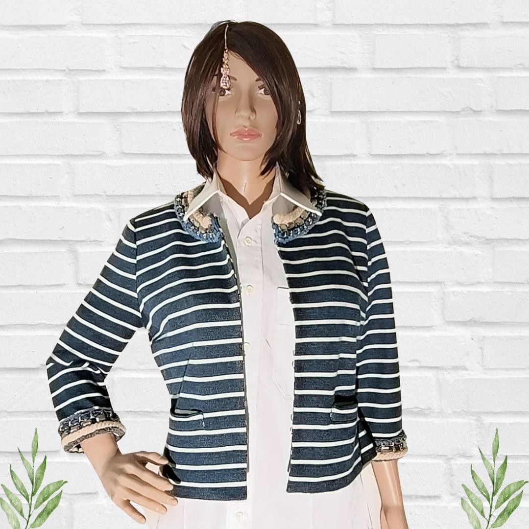 Designer Boston Proper Women's Striped Chain Jewel Blazer Size 8 Size M / US 6-8 / IT 42-44 - 3 Thumbnail