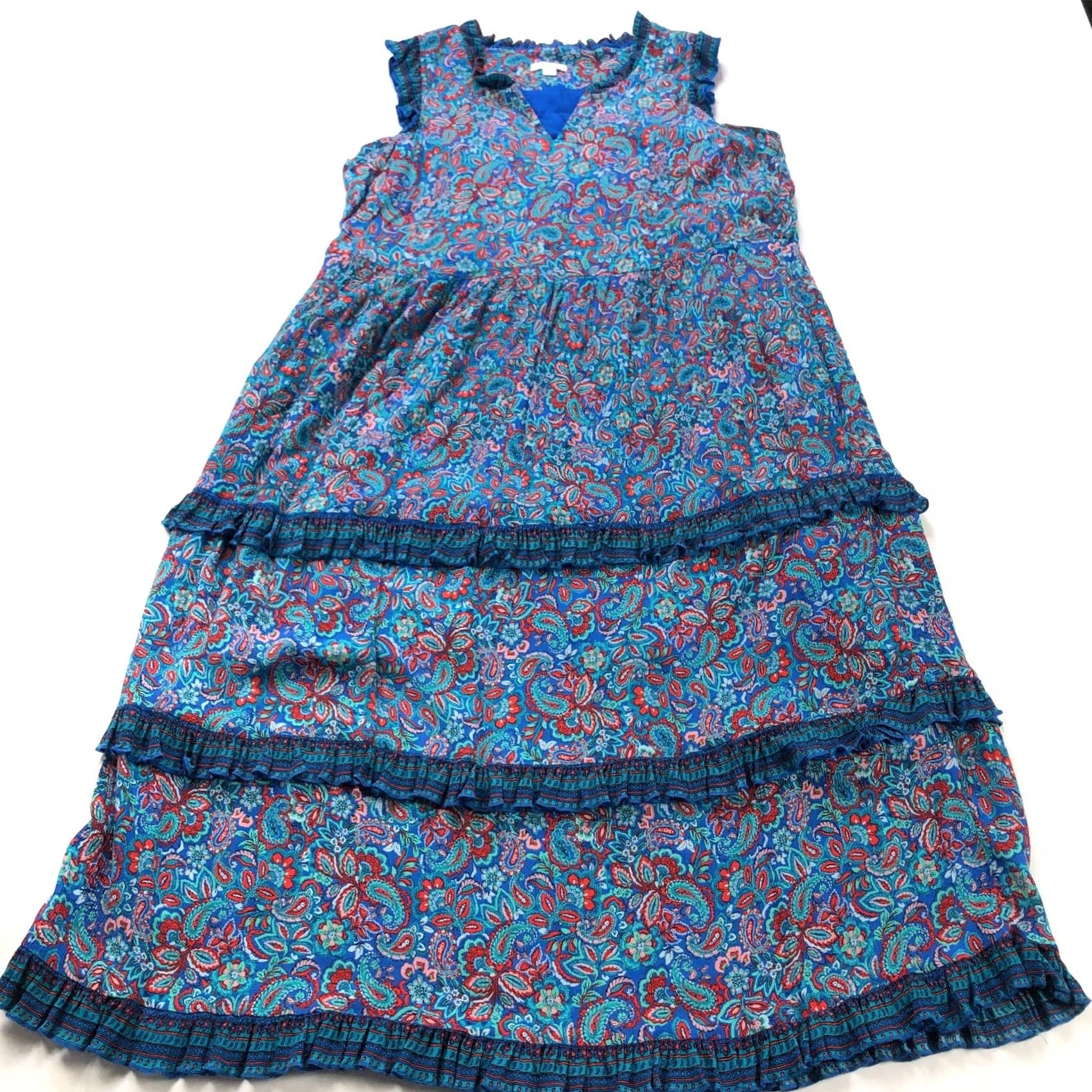 J. Jill J. Jill PM Petite 100% Rayon Paisley Ruffled Tiered Below Knee Dress Blue MINT Dress Size M / US 6-8 / IT 42-44 - 2 Thumbnail