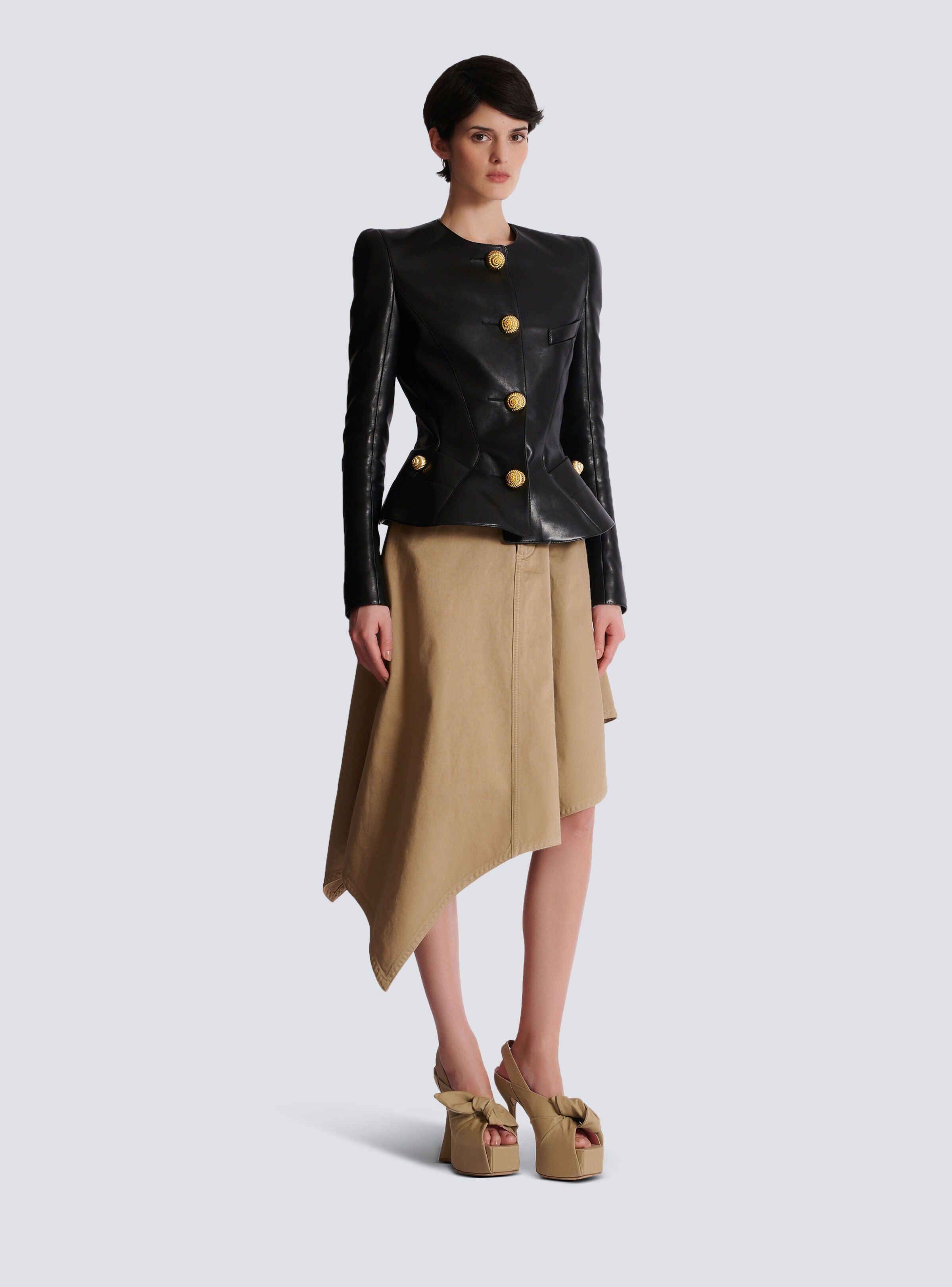 Balmain o1s1wg111025 Lambskin Leather Peplum Jacket in Black Size L / US 10 / IT 46 - 3 Thumbnail