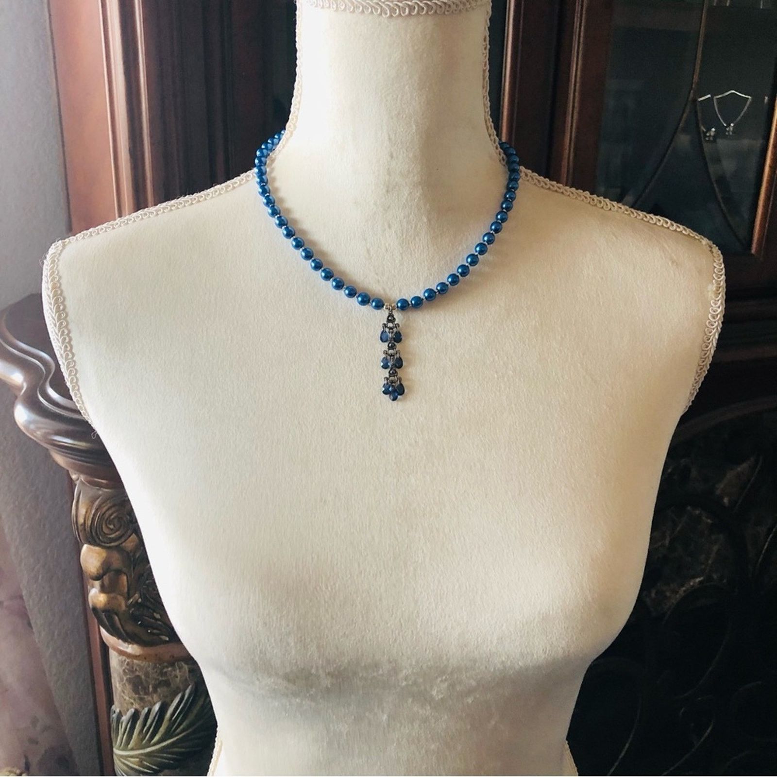 Handmade Handcrafted repurpose blue crystal chandelier Pearl necklace Size ONE SIZE - 5 Thumbnail