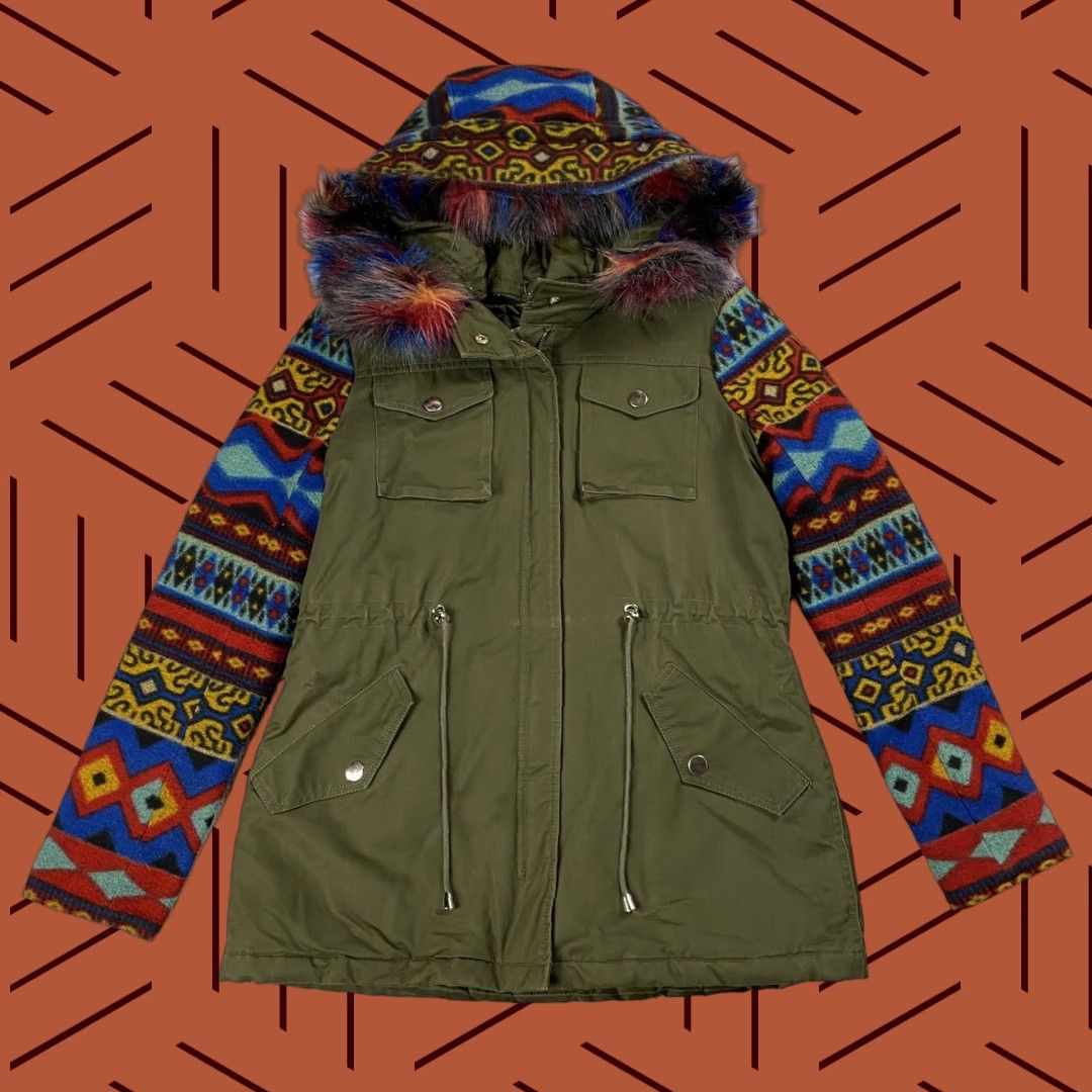 Vintage NEW YORK & CO WOMENS XS INSULATED HOODED PUFFER JACKET AZTEC WOOL ARMS FAUX FUR Size XS / US 0-2 / IT 36-38 - 1 Thumbnail