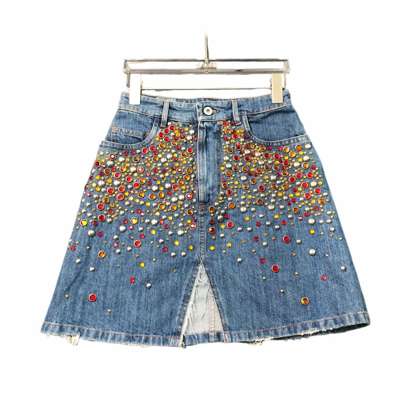 Miu Miu Miu Miu Rhinestone Denim Skirt Authentic K26WX Size 26" / US 2 / IT 38 - 1 Thumbnail