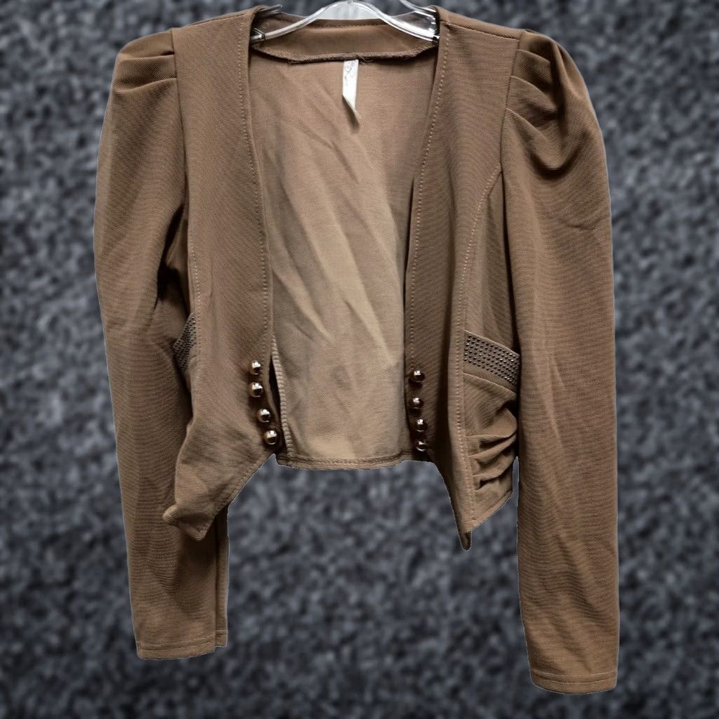 Vintage VINTAGE G2S Blazer Womens Small Tan Cropped Puff Sleeve Studded Open Jacket Size S / US 4 / IT 40 - 1 Thumbnail