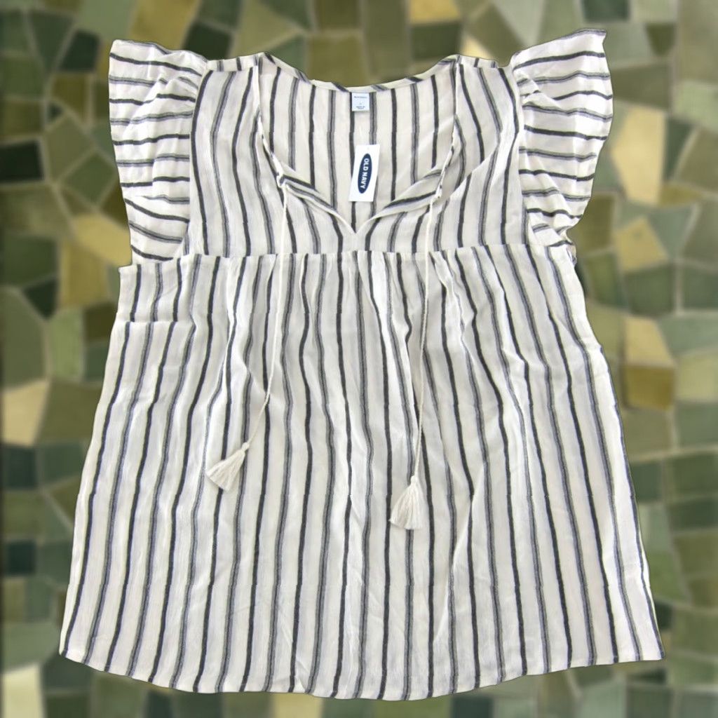 Old Navy Old Navy Blouse Short Sleeve V-Neck Smock Peasant NWT Grey Ivory Stripe Large Size L / US 10 / IT 46 - 1 Thumbnail
