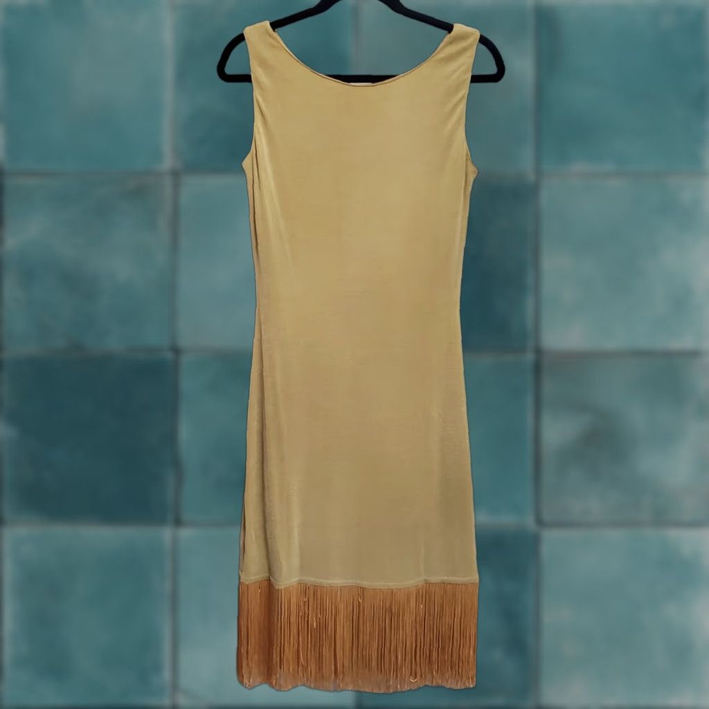Vintage TOGETHER Dress Women M Gold Sleeveless Fringe Hem Lined Stretchy Gatsby Flapper Dress Size M / US 6-8 / IT 42-44 - 1 Thumbnail