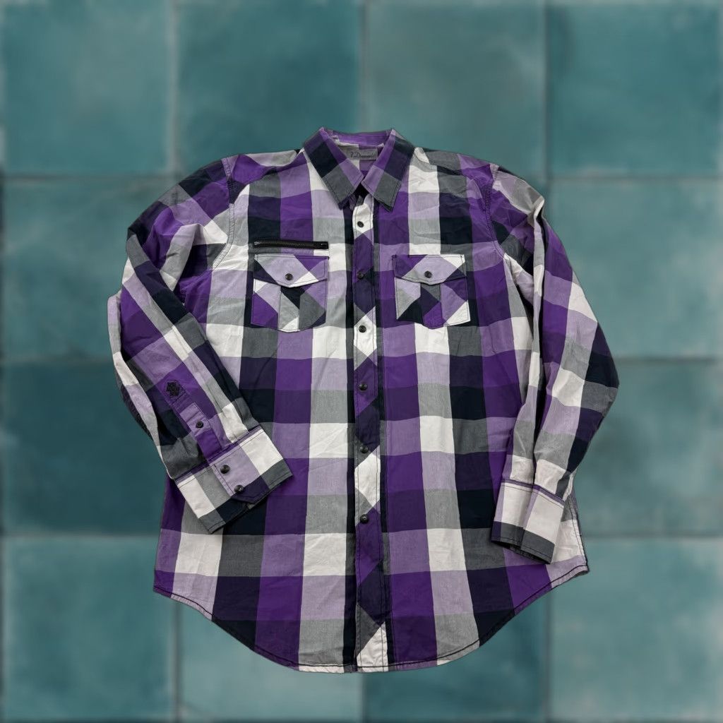 Vintage 7 Diamonds Shirt Mens XL Purple Plaid Long Sleeve Button Front Zip Chest Pocket Size US XL / EU 56 / 4 - 1 Thumbnail