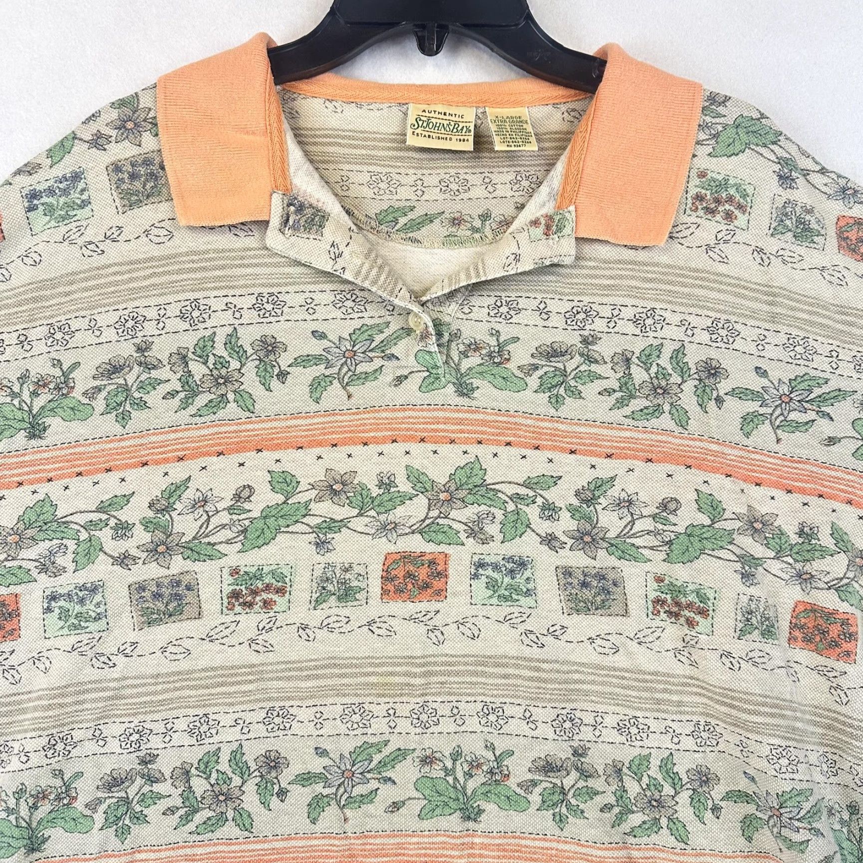 Vintage Vintage St. John's Bay Shirt Womens XL Floral Pattern Polo 90s Casual Beige Green Orange Floral 1990s Women XL Polo Shirt Size XL / US 12-14 / IT 48-50 - 3 Thumbnail