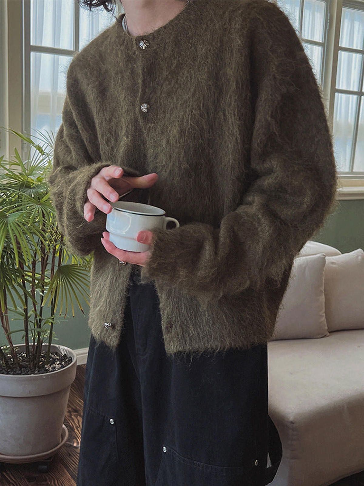 Vintage Brown Fuzzy Button-Up Cardigan, Cozy Knit Sweater Size US M / EU 48-50 / 2 - 2 Thumbnail
