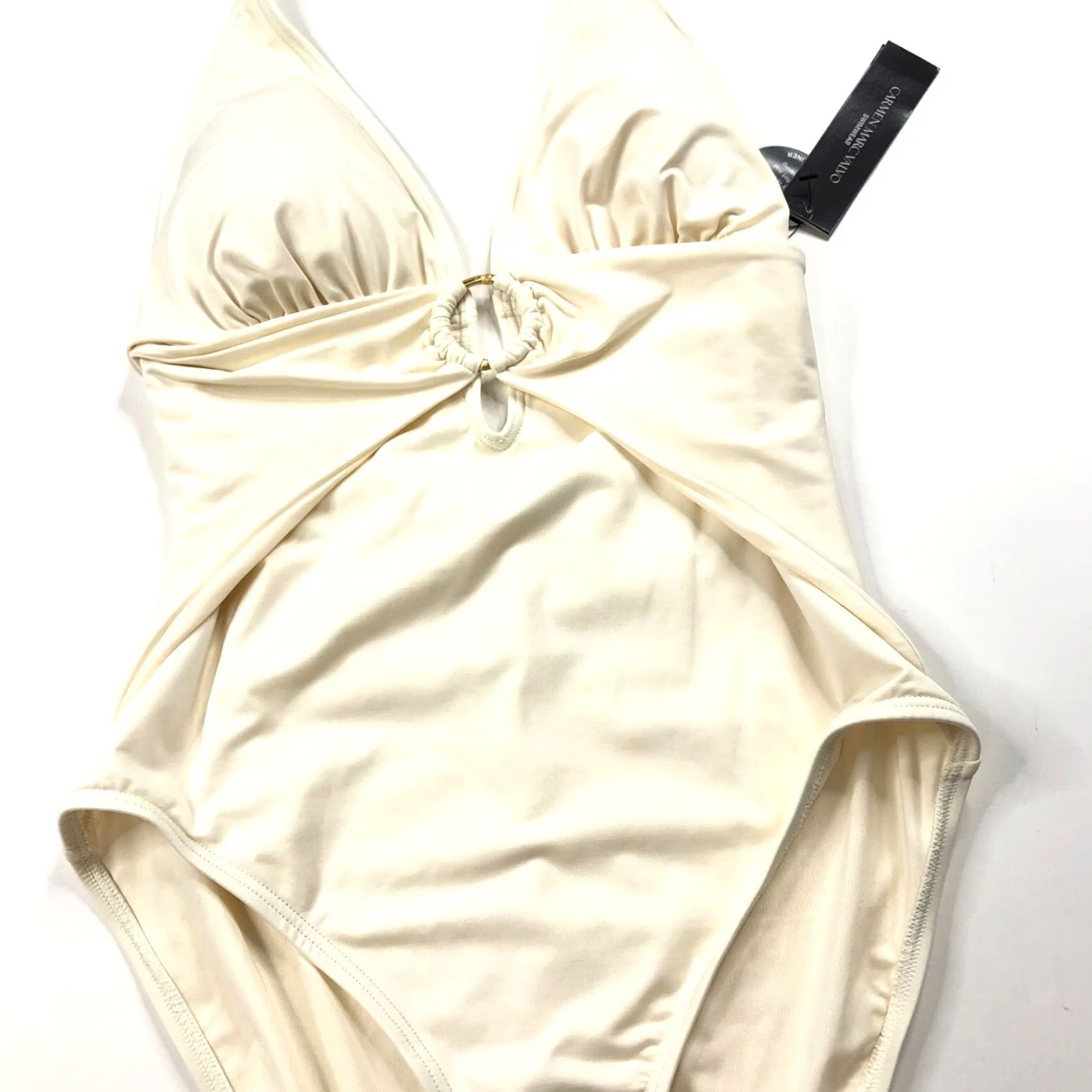 Vintage Carmen Marc Valvo One Piece Swimsuit Ivory Nylon Spandex 14 Adult Women Retro Wide Straps Removable Pads Shirred Smoothing Liner Solid Pattern Denim? Size ONE SIZE - 2 Thumbnail