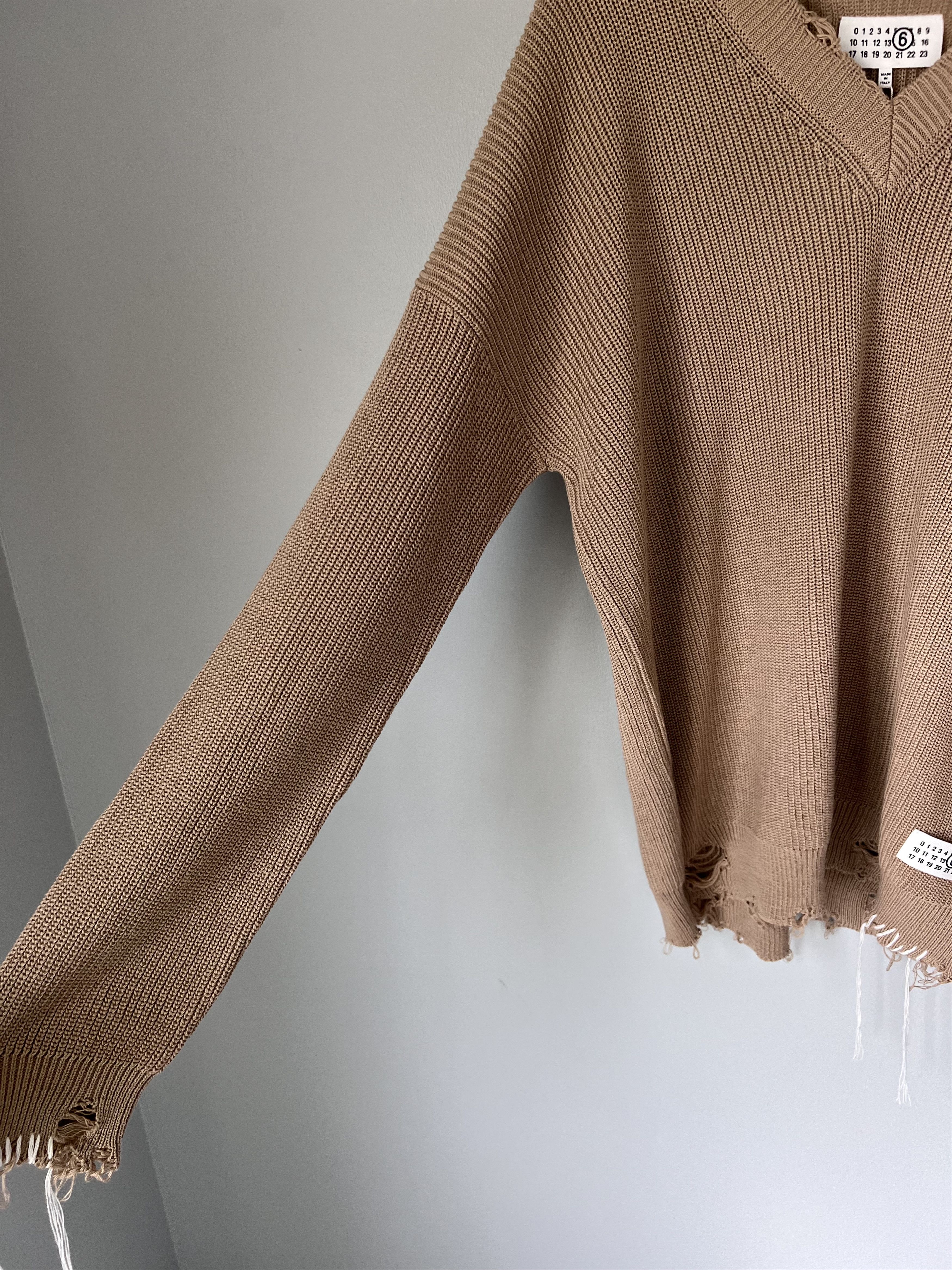 Maison Margiela MM6 Maison Margiela Distressed Knit V-Neck Sweater in Camel Size US L / EU 52-54 / 3 - 4 Thumbnail