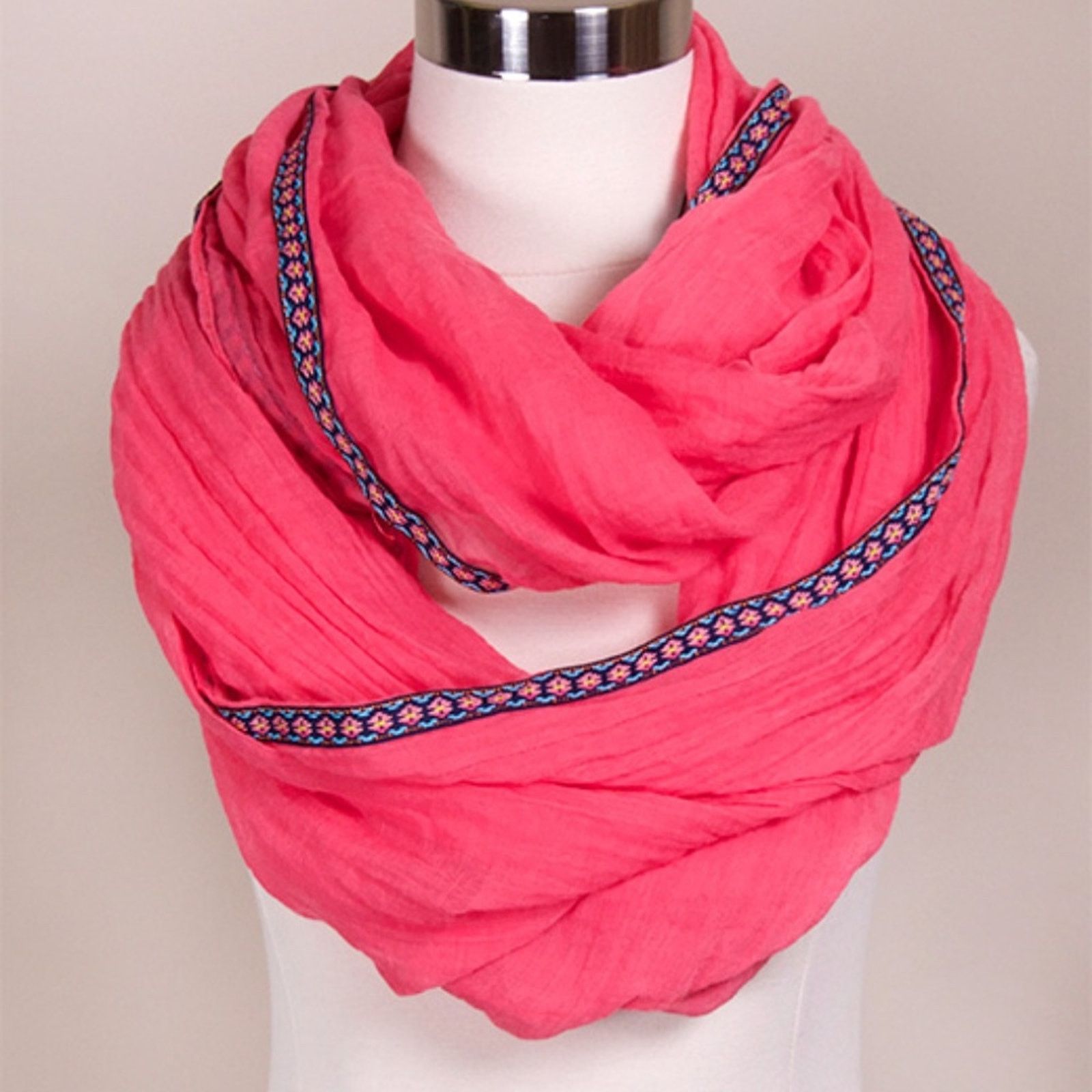 Other NEW NWT Solid Hot Pink Aztec Ribbon Trim Cowl Infinity Scarf Size ONE SIZE - 2 Thumbnail