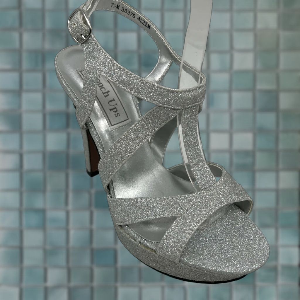 Touch Ups Queenie Womens Platform Sandals Size 7.5M Silver Glitter Peep Toe Stiletto Heels Party/Cocktail