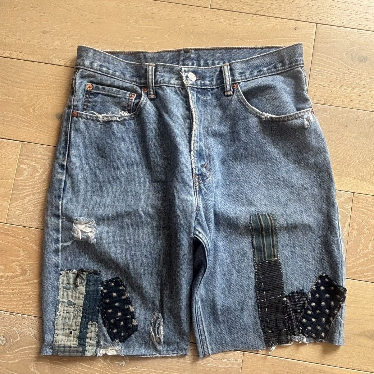 Vintage Custom Sashiko Patchwork Denim Jorts Distress Grunge Y2K Size US 32 / EU 48 - 1 Thumbnail